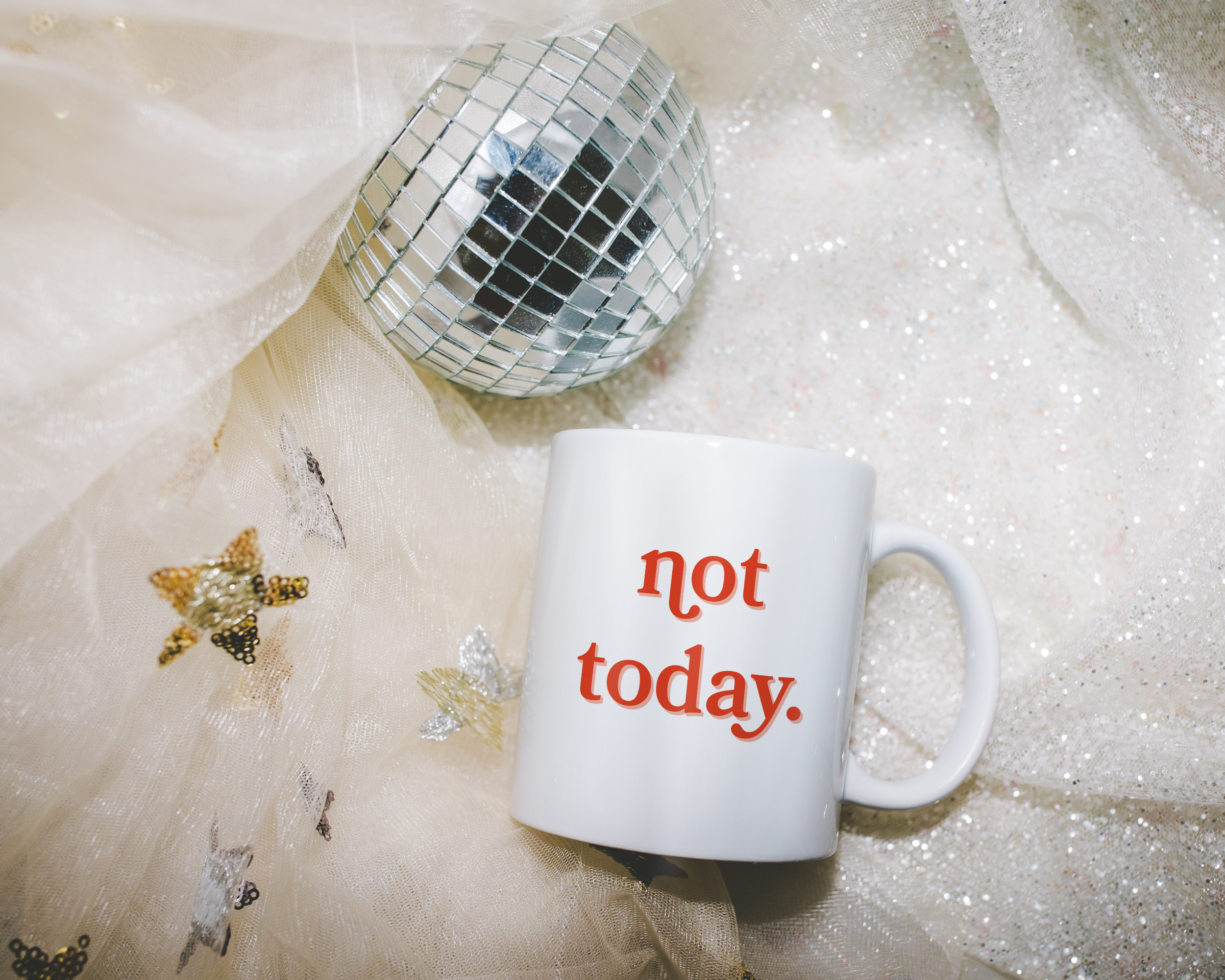 White coffee mug that says "not today" in a retro vintage font that's red. Available in 11oz and 15oz