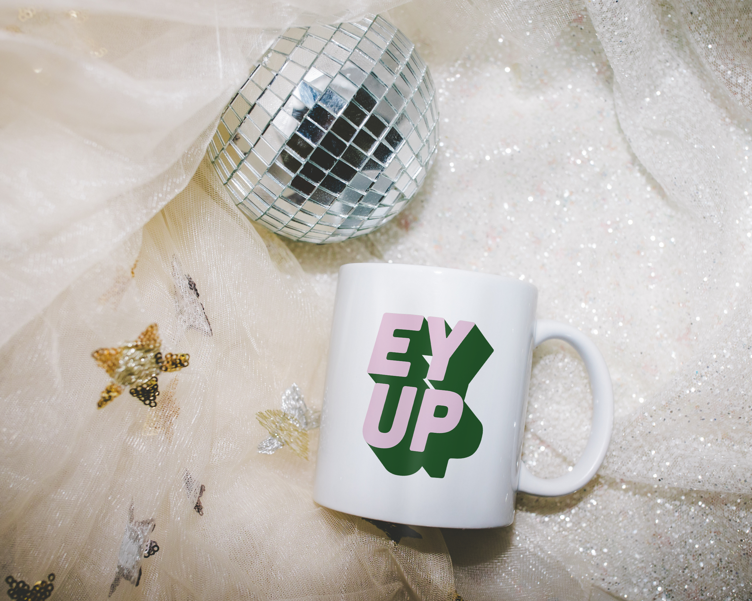 Sassy dopamine decor White coffee mug that says "ey up" in a retro two tone vintage style pink and green font. Available in 11oz and 15oz. British humour