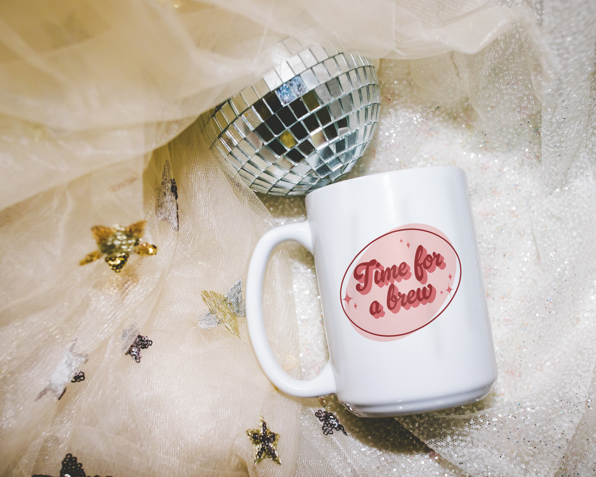 White coffee mug that says "time for a brew" in a retro vintage font that's pink. Available in 11oz and 15oz