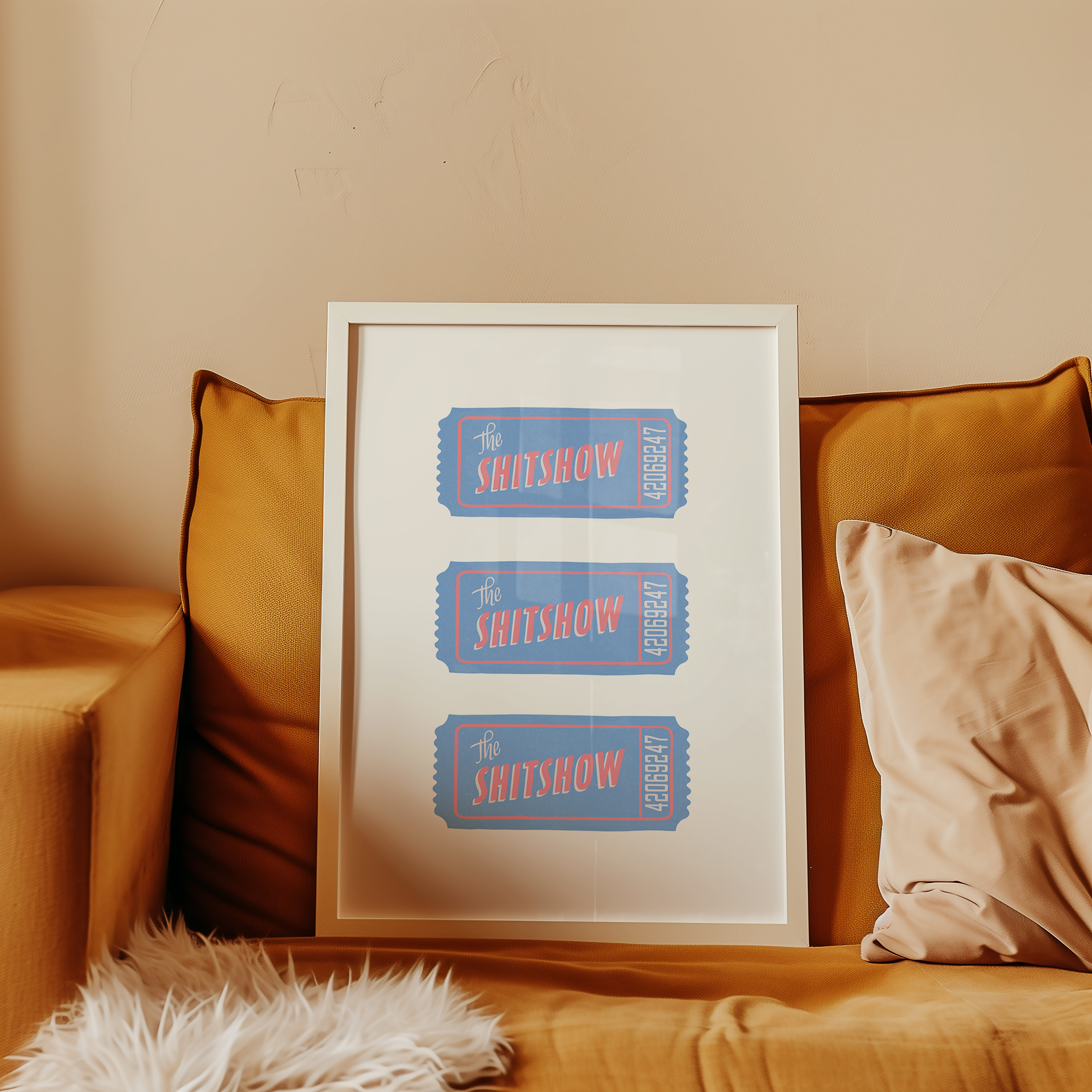 Bold dopamine decor print poster illustration of three vintage style tickets for the "Shitshow" in blue and pink. Vintage retro style poster print. Funny print poster.