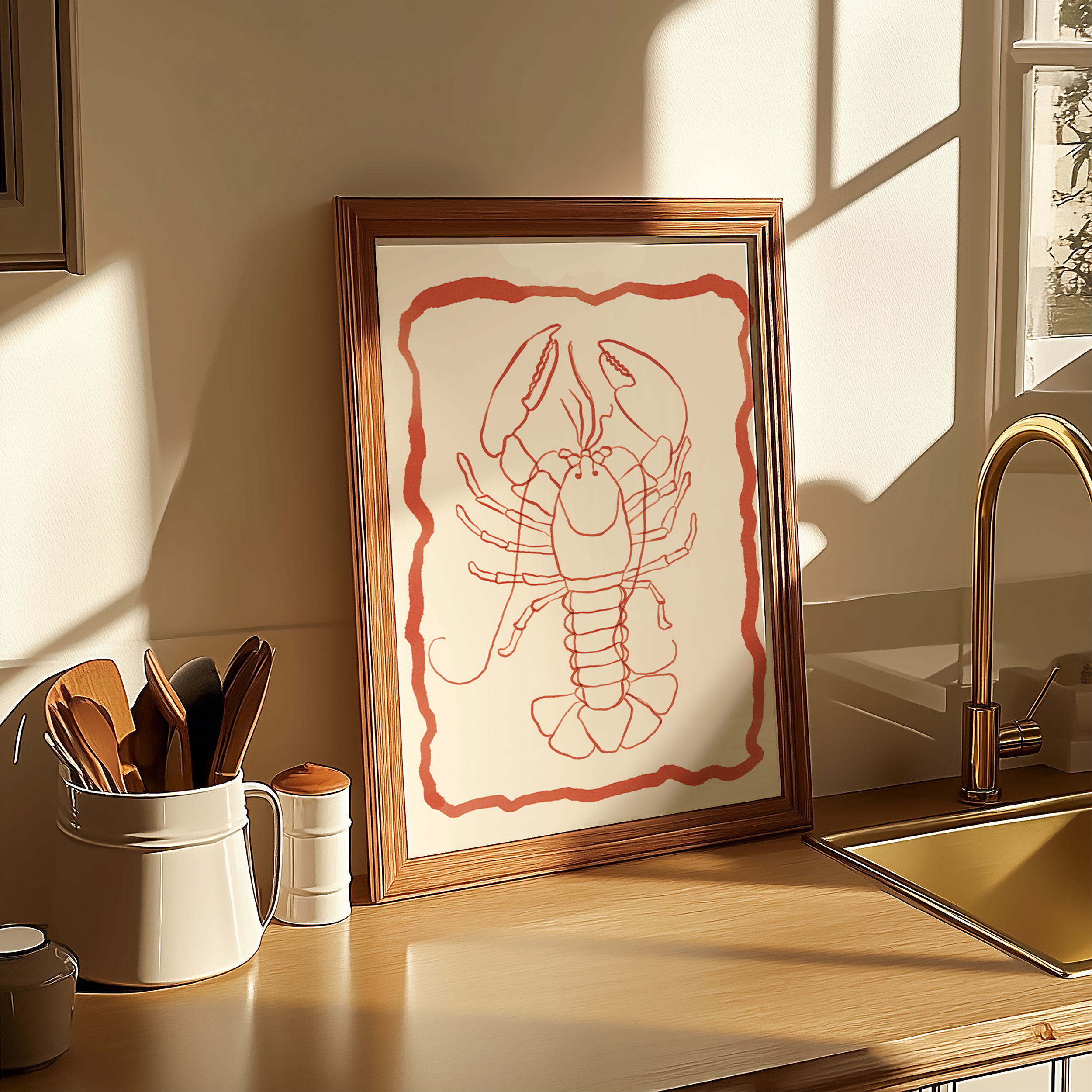 Bold dopamine decor print poster of a lobster in watercolour style. kitchen poster. Red and cream. ocean sea life poster