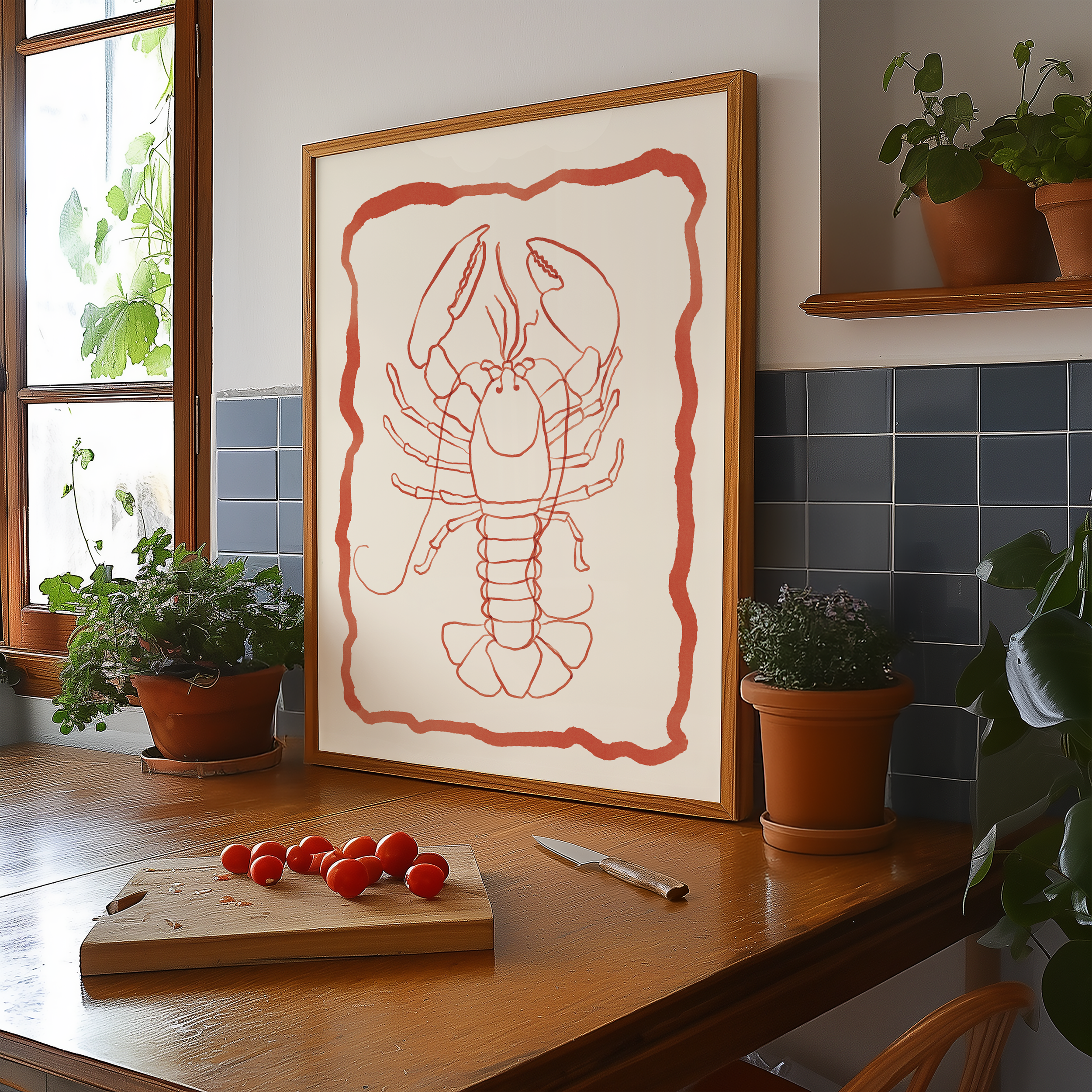 Bold dopamine decor print poster of a lobster in watercolour style. kitchen poster. Red and cream. ocean sea life poster