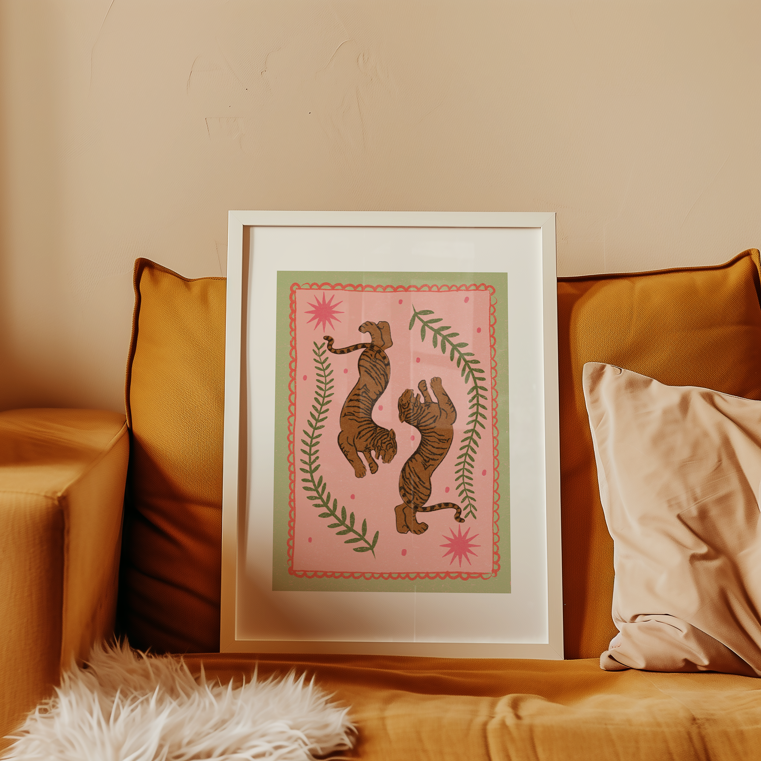 Bold dopamine decor print poster illustration of tigers. Retro style decor. midcentury modern