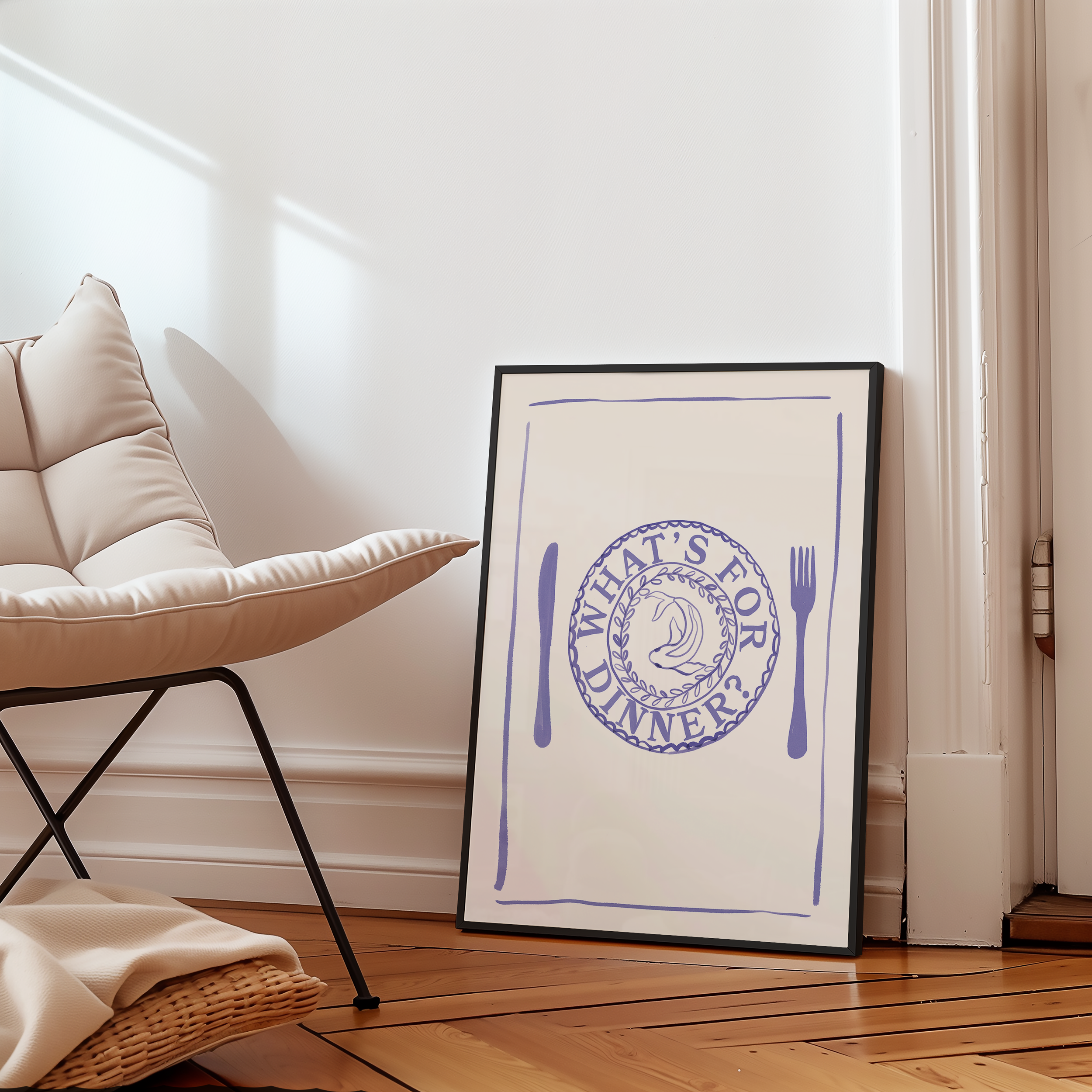 Bold dopamine decor print poster of a dinner place and knife and fork with the phrase "Whats's for dinner?" in watercolour style. kitchen poster. Blue and cream. Food poster print