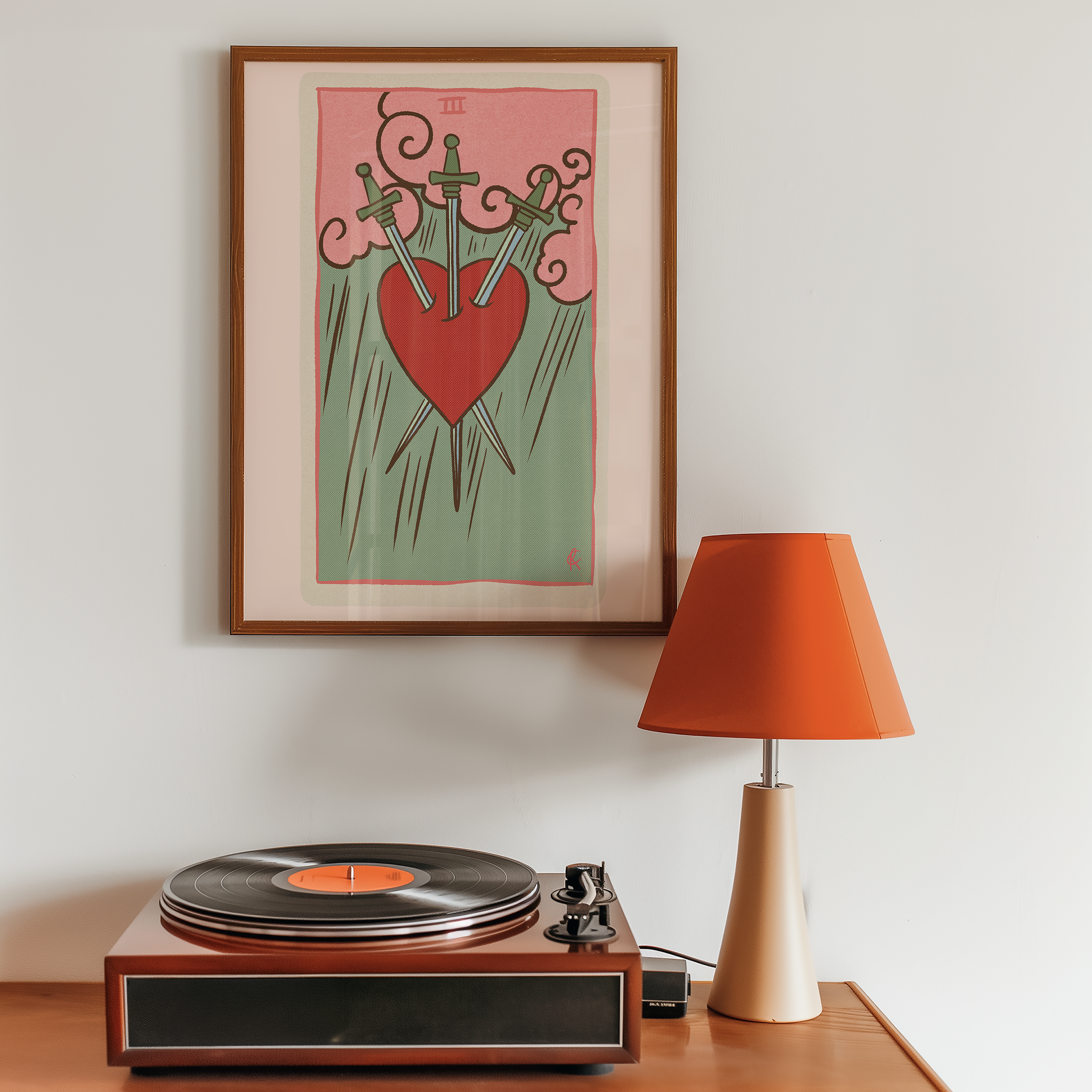 Three of Swords tarot card print, feminine pink witchy spiritual decor poster print.