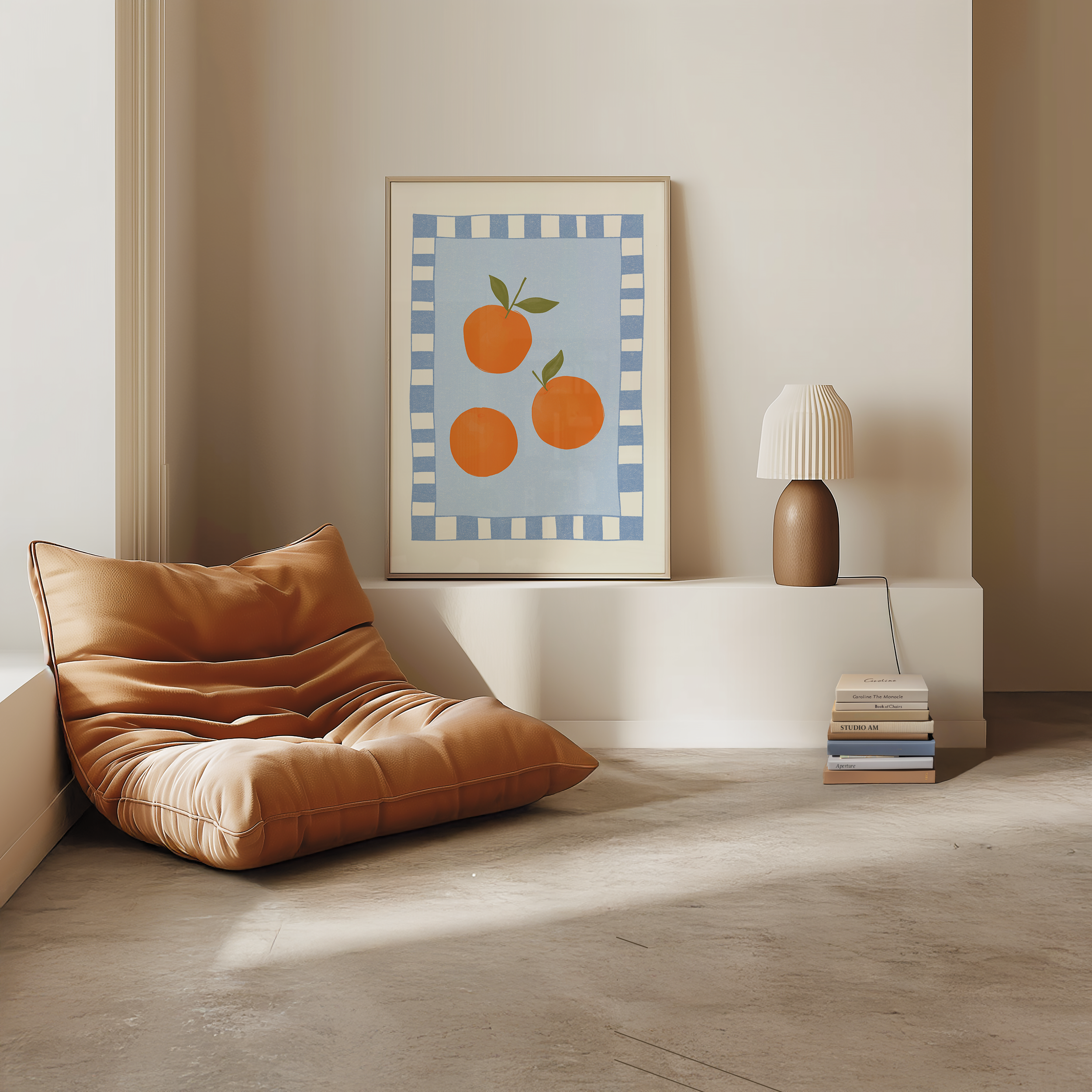 Bold dopamine decor print poster of oranges. kitchen poster. Orange and blue. Mediterranean fee