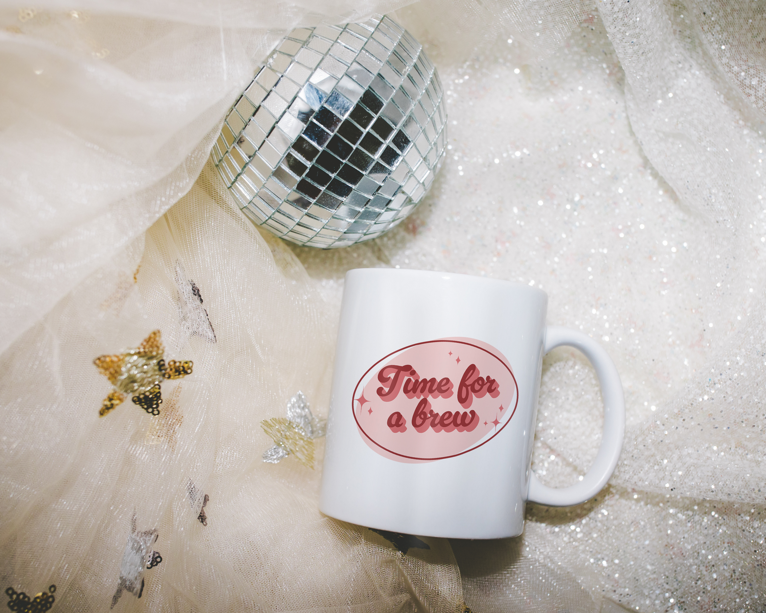 White coffee mug that says "time for a brew" in a retro vintage font that's pink. Available in 11oz and 15oz