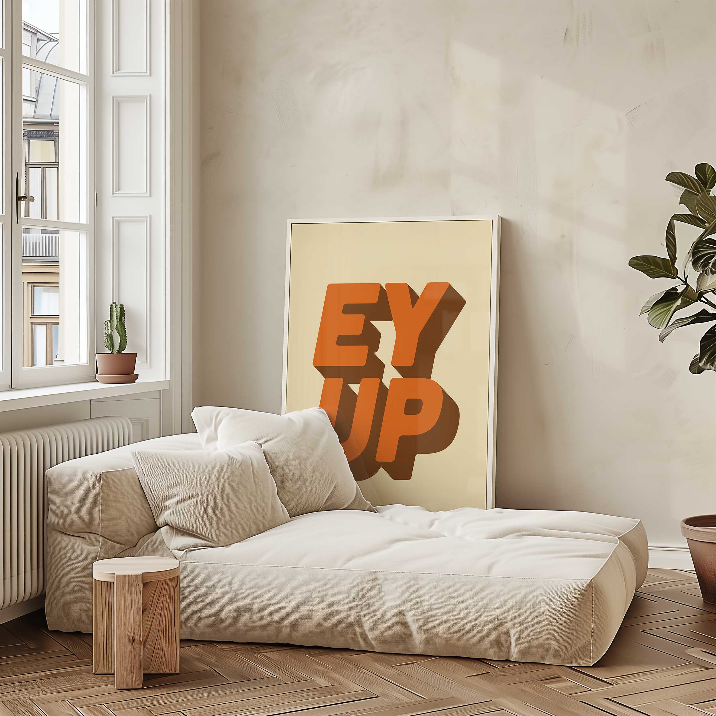 Bold quote print poster decor "Ey up". British quote. Yorkshire quote. Dopamine decor. Retro two tone font Orange and brown
