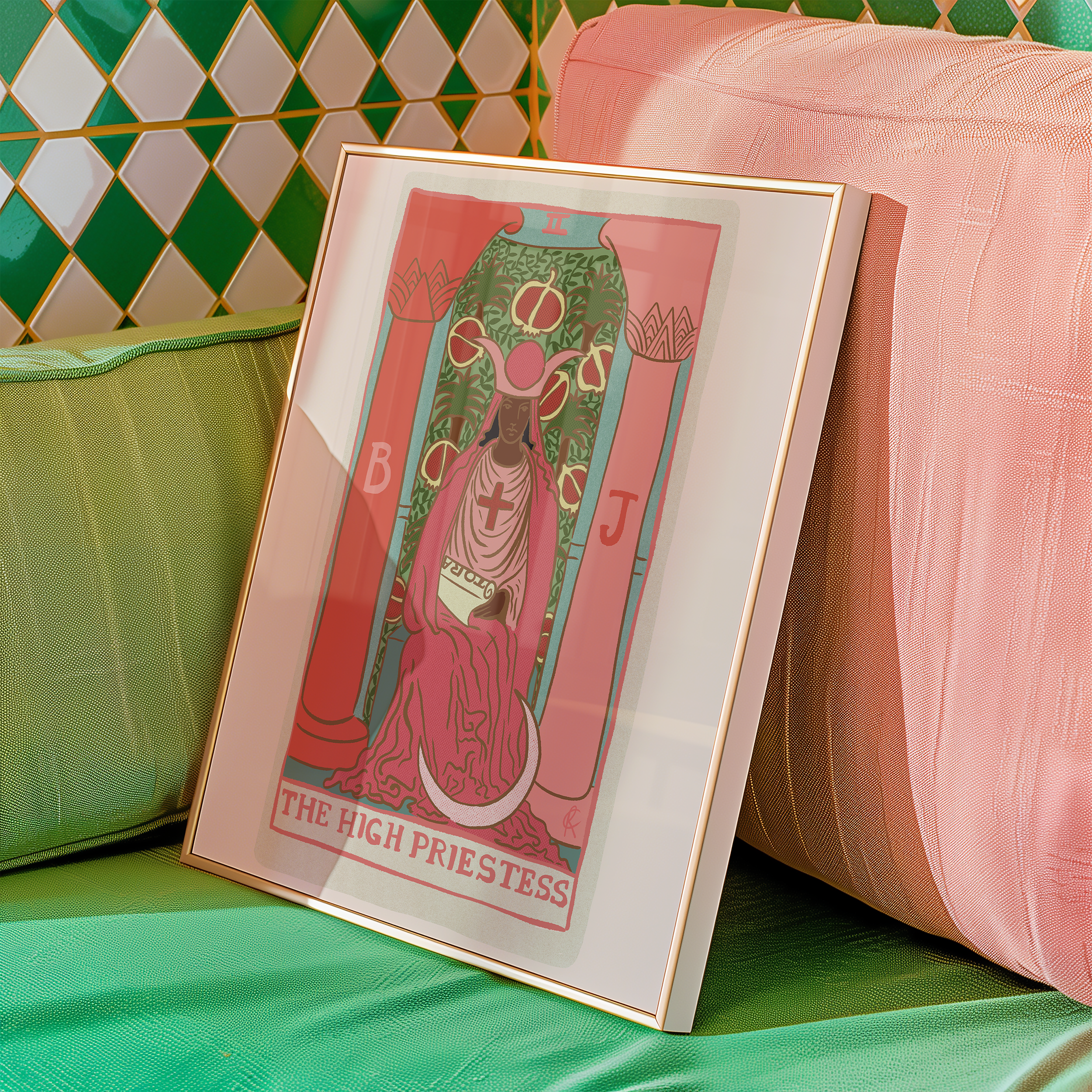 The High Priestess tarot card print, feminine pink witchy spiritual decor poster print.