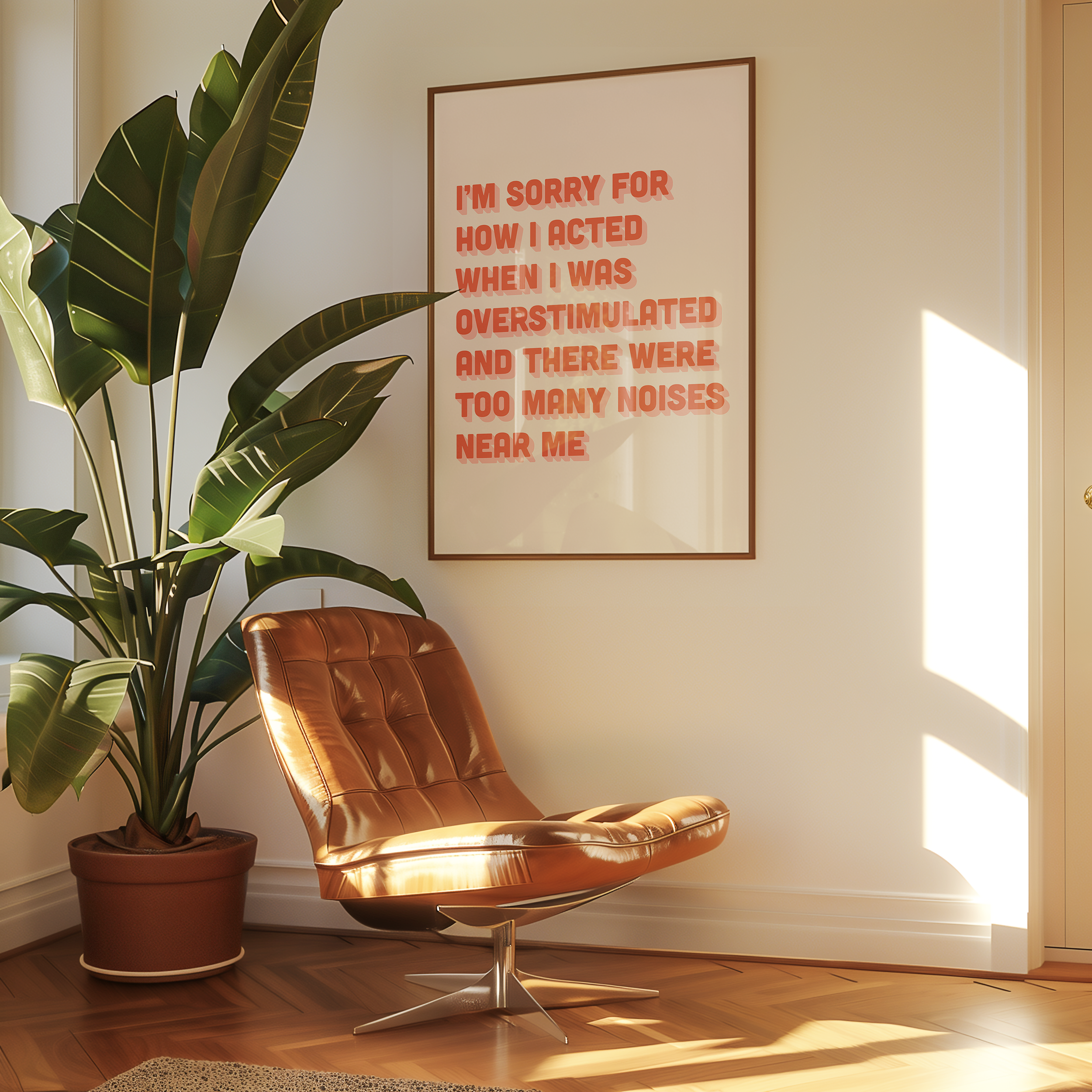 Funny neurodivergent print about being overstimulated that says “I’m sorry for how I acted when I was overstimulated and there were too many noises near me.” in two tone Pink and Red retro font