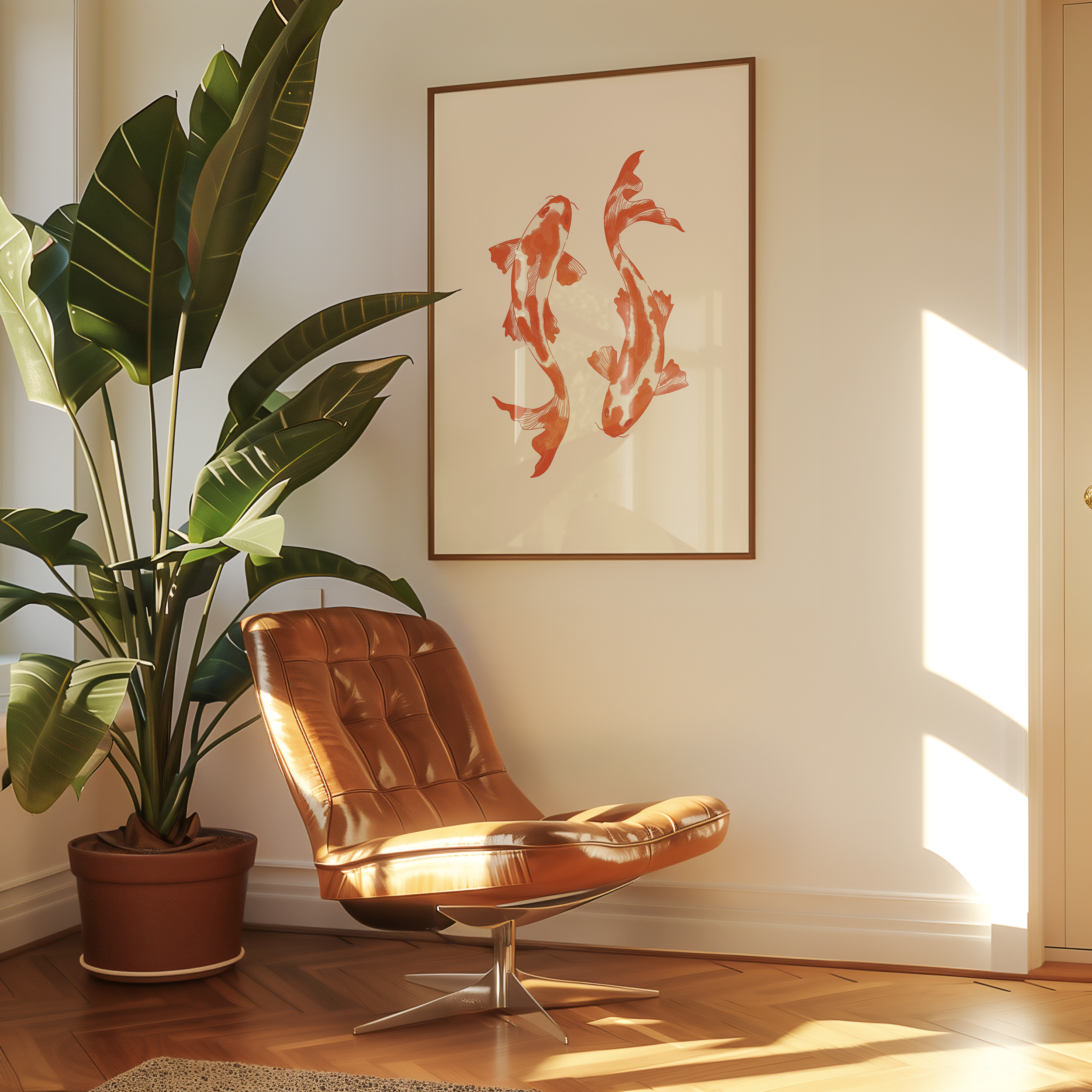 Bold dopamine decor print poster illustration of two koi fish. Retro style decor. japandi style. orange and cream