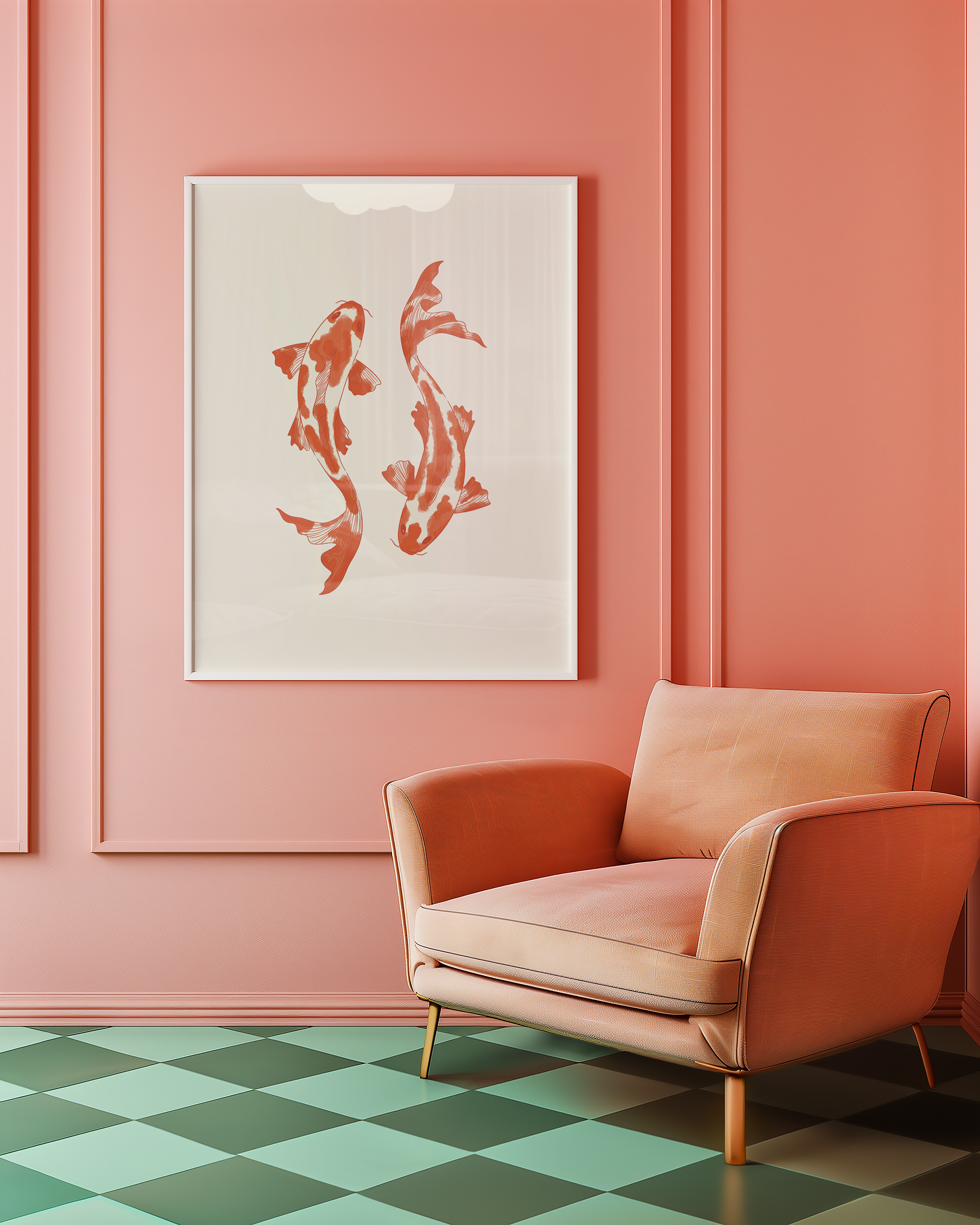 Bold dopamine decor print poster illustration of two koi fish. Retro style decor. japandi style. orange and cream