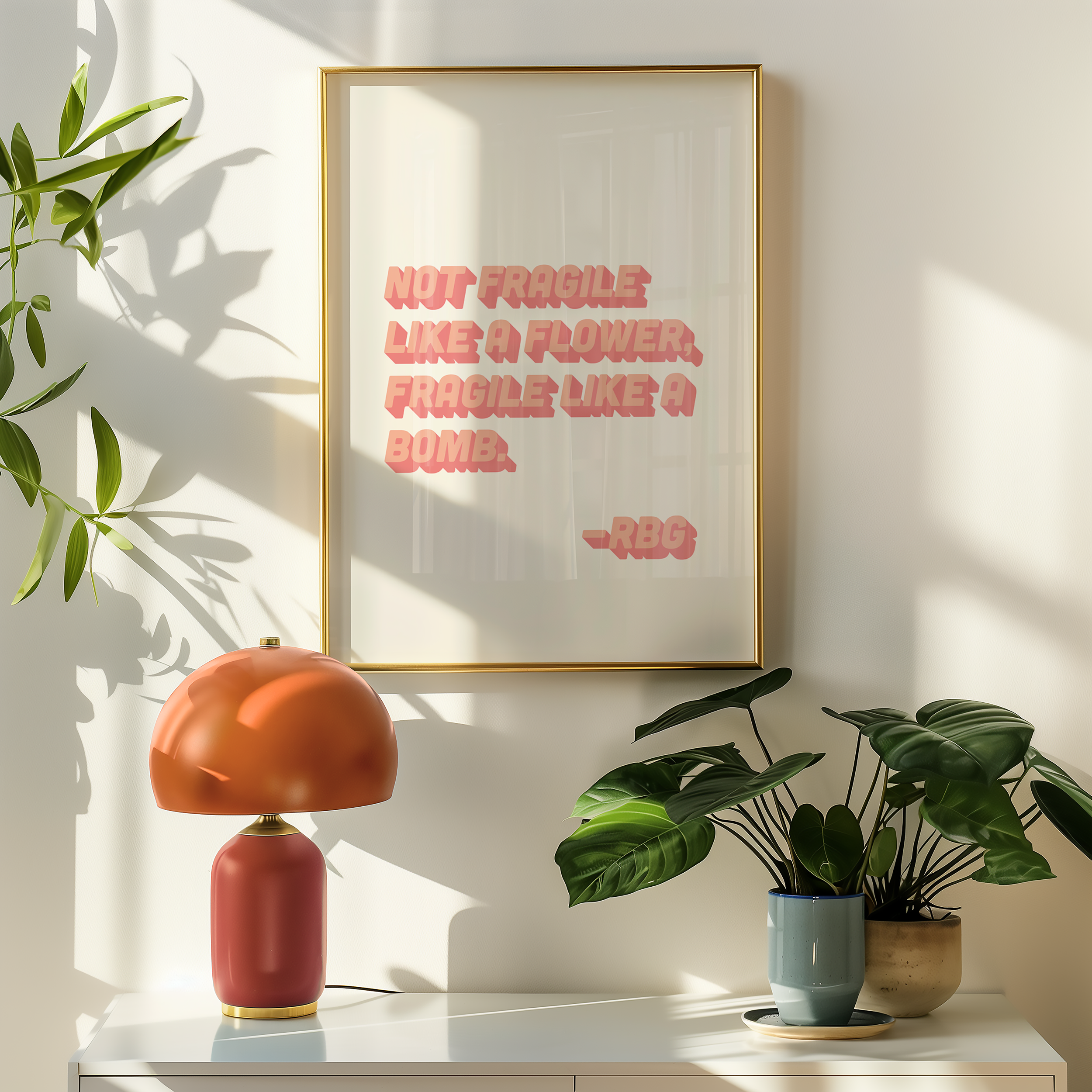 bold dopamine decor ruth bader ginsburg quote print poster "Not Fragile Like a Flower, Fragile Like a Bomb." Feminist print poster. Retro two tone font pink
