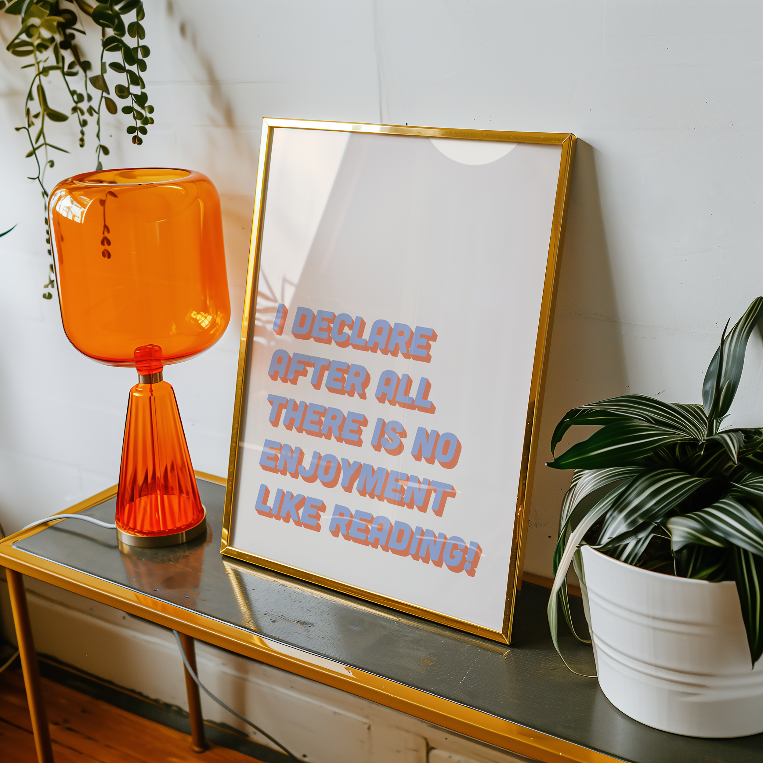 Bold Dopamine decor print poster jane eyre quote “I declare after all there is no enjoyment like reading.” in two tone retro font blue and red