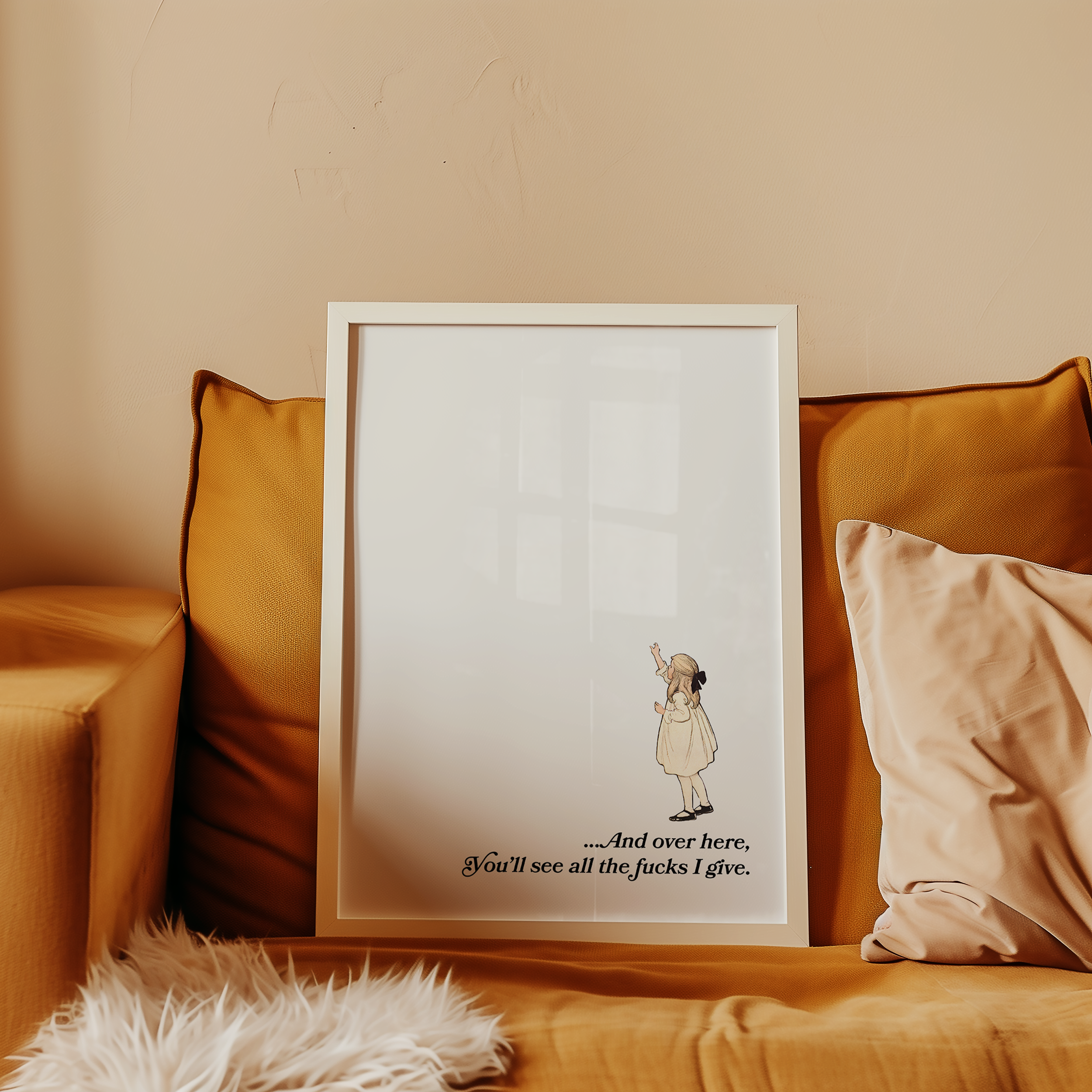 funny sarcastic print poster. Vintage girl pointing to open blank space and saying "And over hear you'll see all the fucks i give"