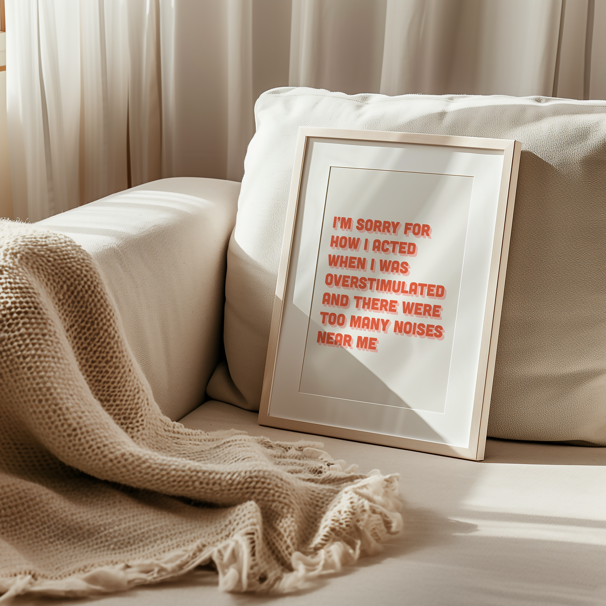 Funny neurodivergent print about being overstimulated that says “I’m sorry for how I acted when I was overstimulated and there were too many noises near me.” in two tone Pink and Red retro font
