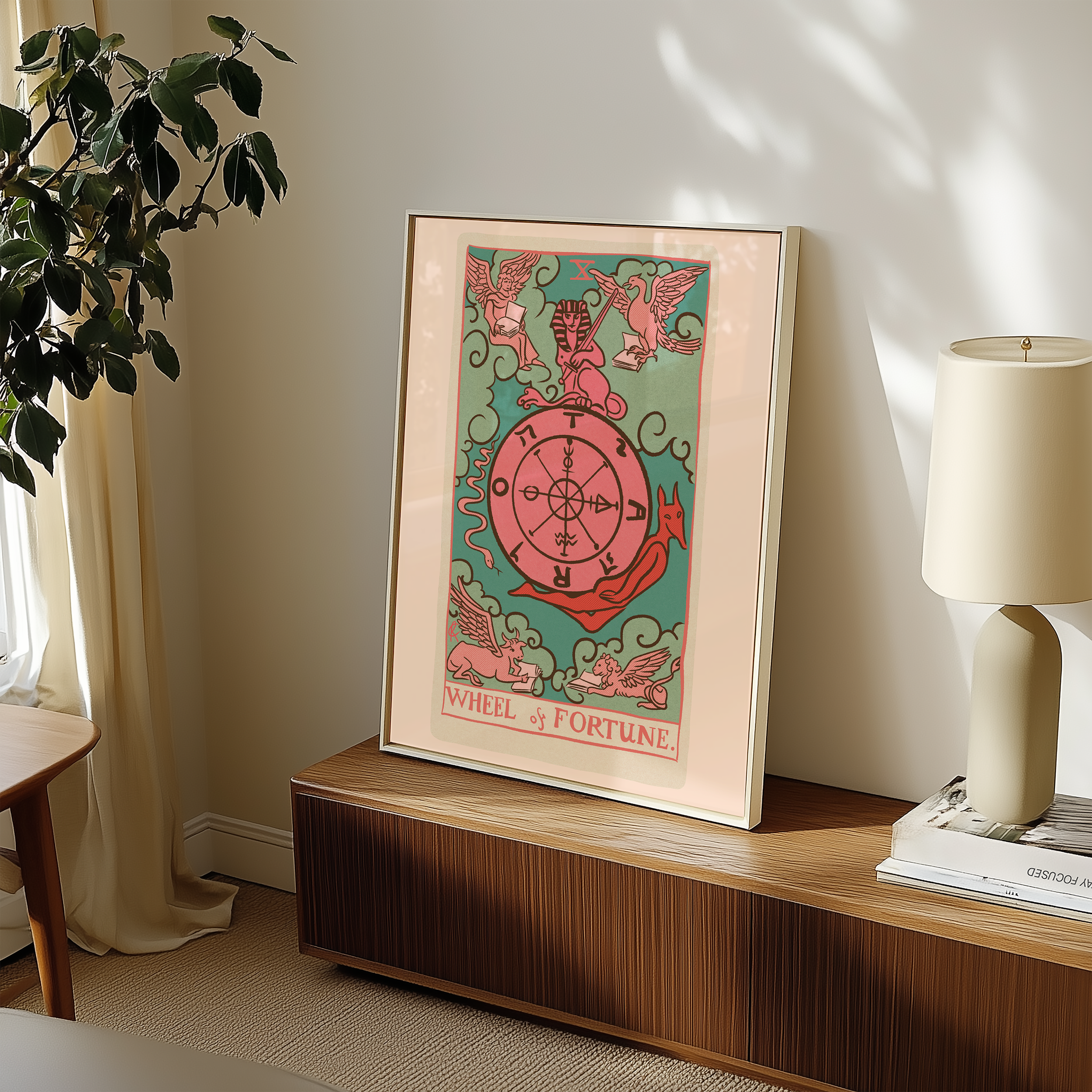 Wheel of Fortune tarot card print, feminine pink witchy spiritual decor poster print.