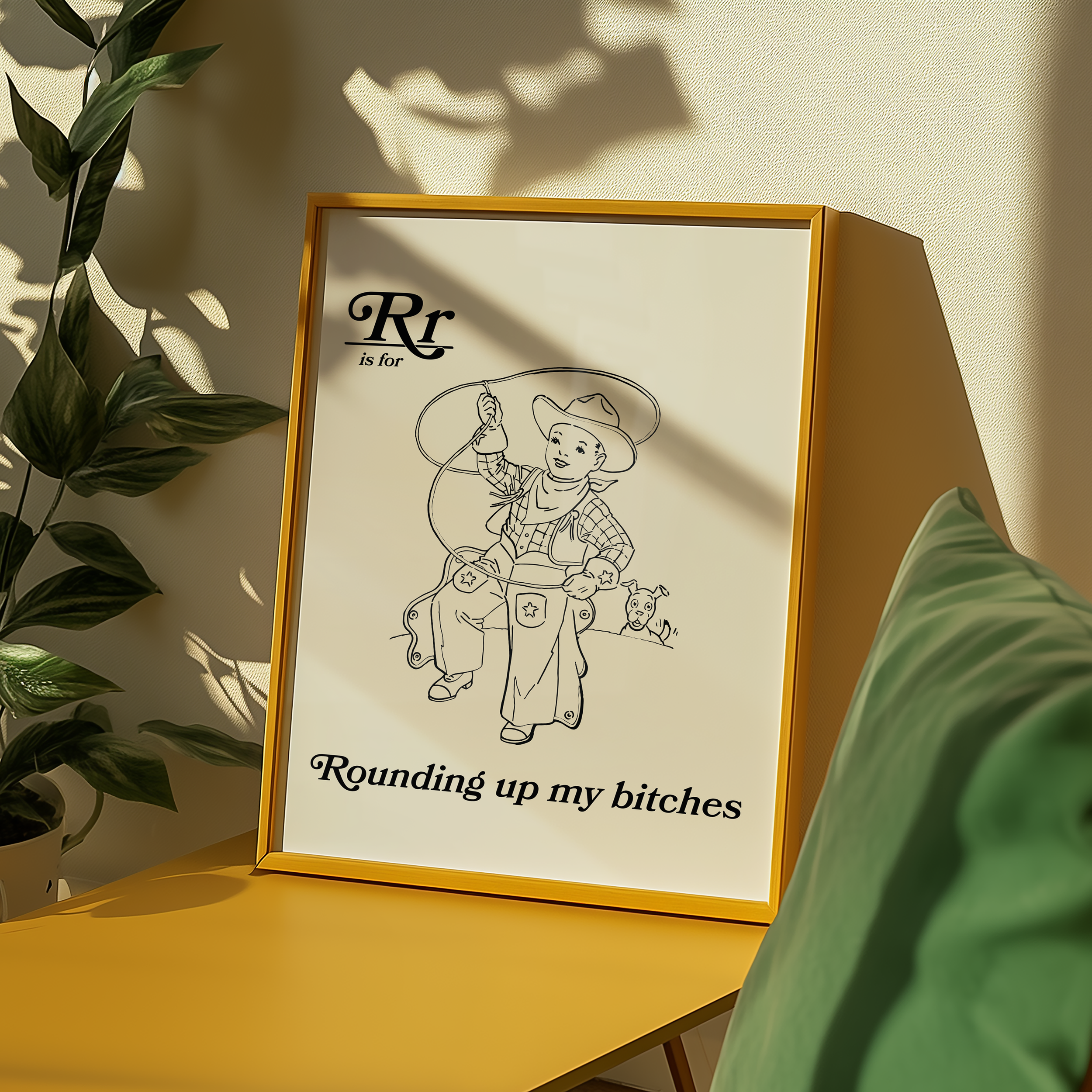 Dopamine decor poster print of retro style alphabet poster for the letter R or a childrens illuration cowboy with a lasso that say "R is for Rounding up my bitches." Adult humour print.