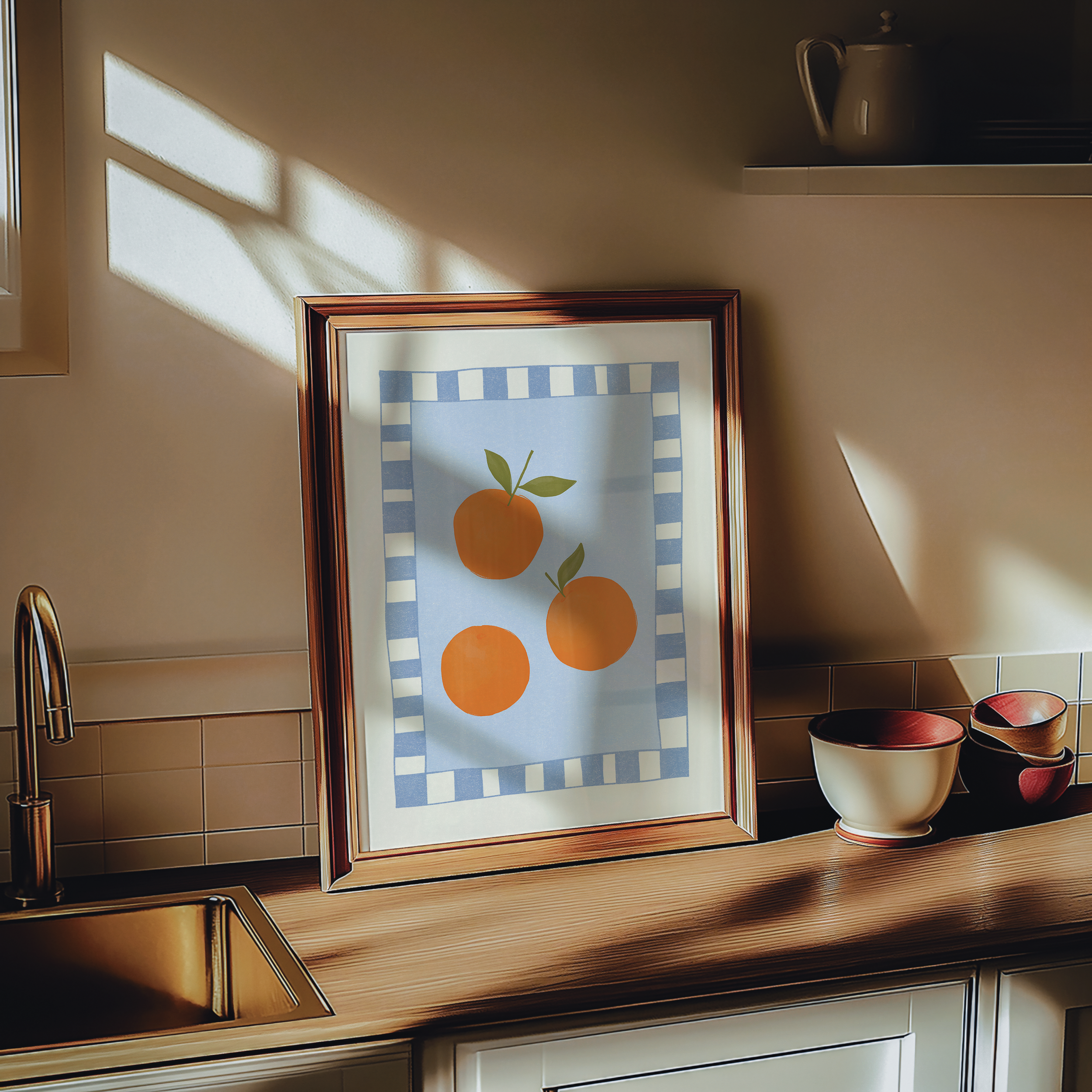 Bold dopamine decor print poster of oranges. kitchen poster. Orange and blue. Mediterranean fee