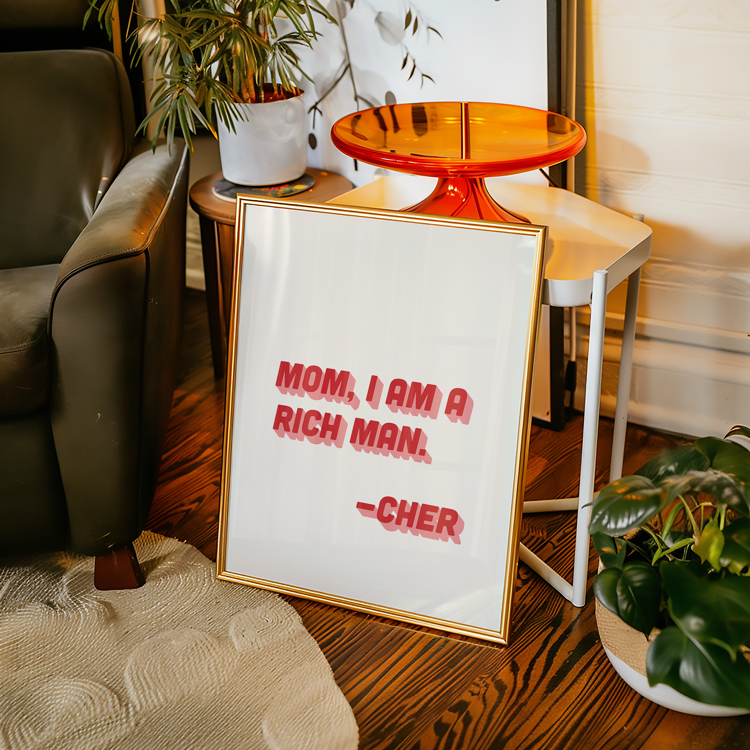 Cher quote print poster "Mom I Am a Rich Man" in two tone retro red and pink font