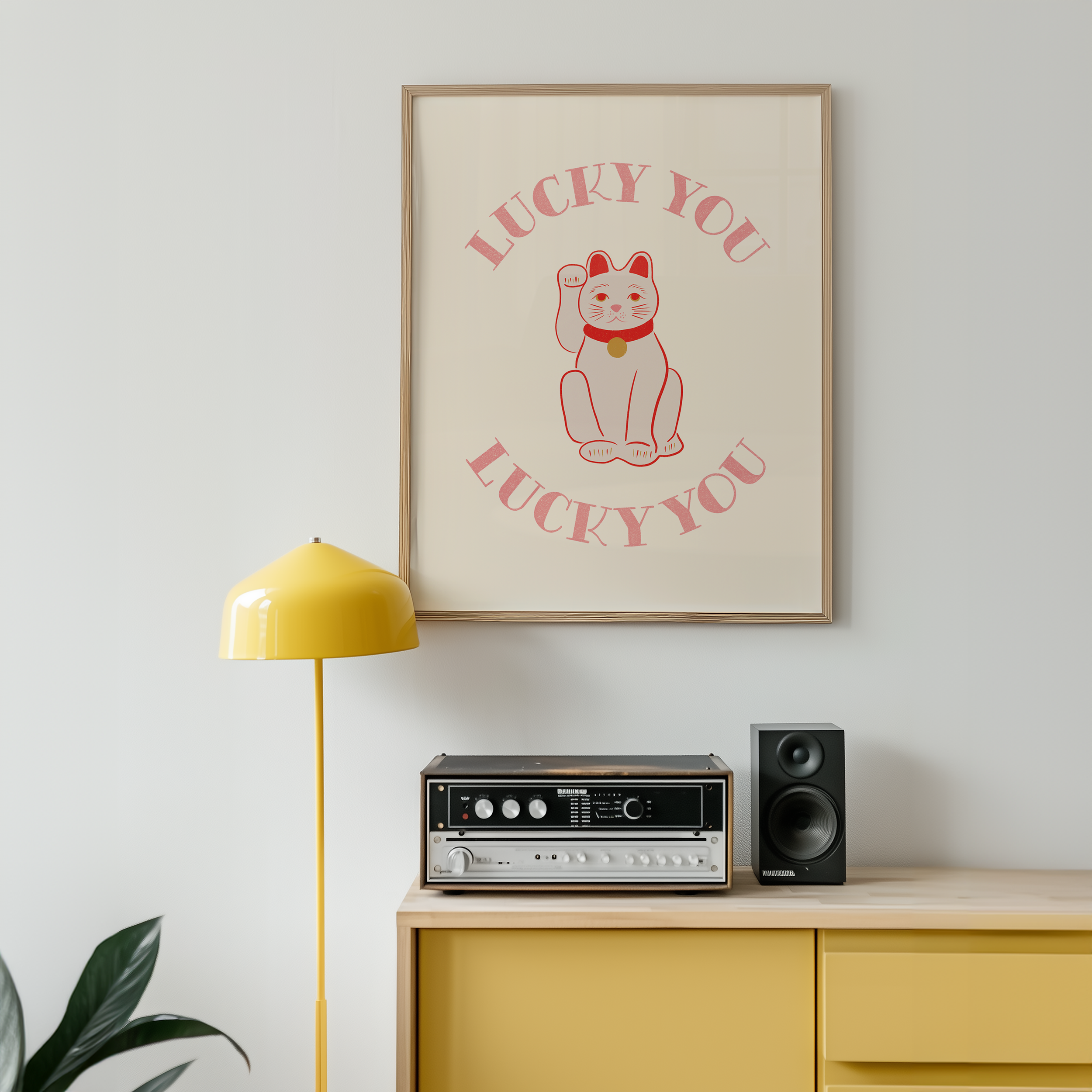 Dopamine decor print of chinease lucky cat that says lucky you. bold dopamine decor poster print. Maneki-neko