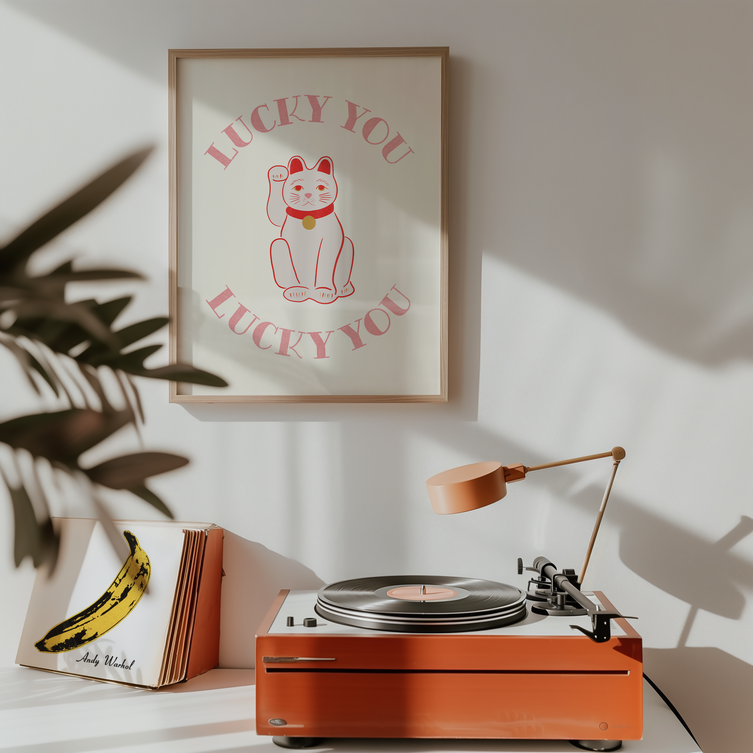 Dopamine decor print of chinease lucky cat that says lucky you. bold dopamine decor poster print. Maneki-neko