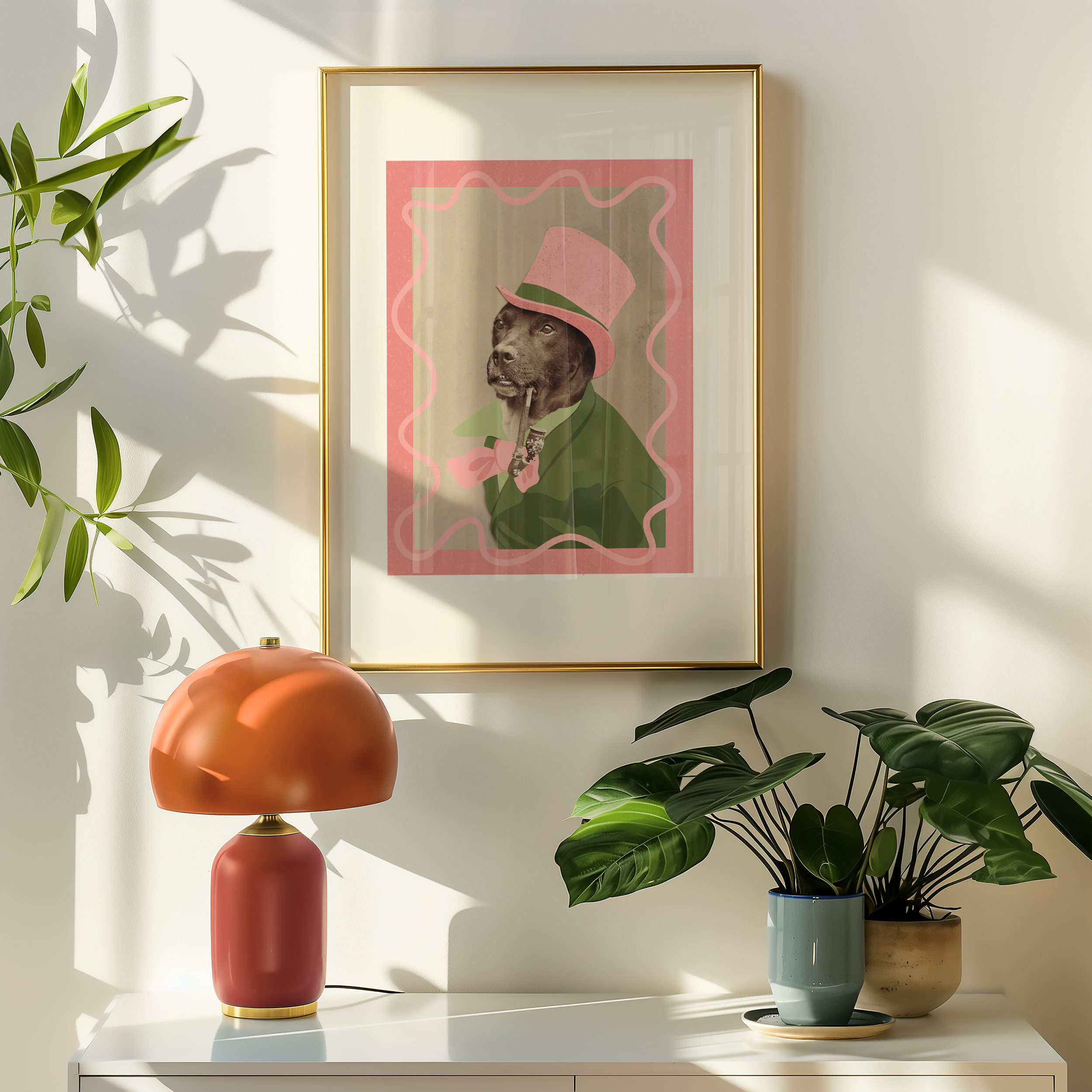 Dopamine decor poster print. Victorian photography of a dog in a top hat, enhances with modern colour elements of pink and green