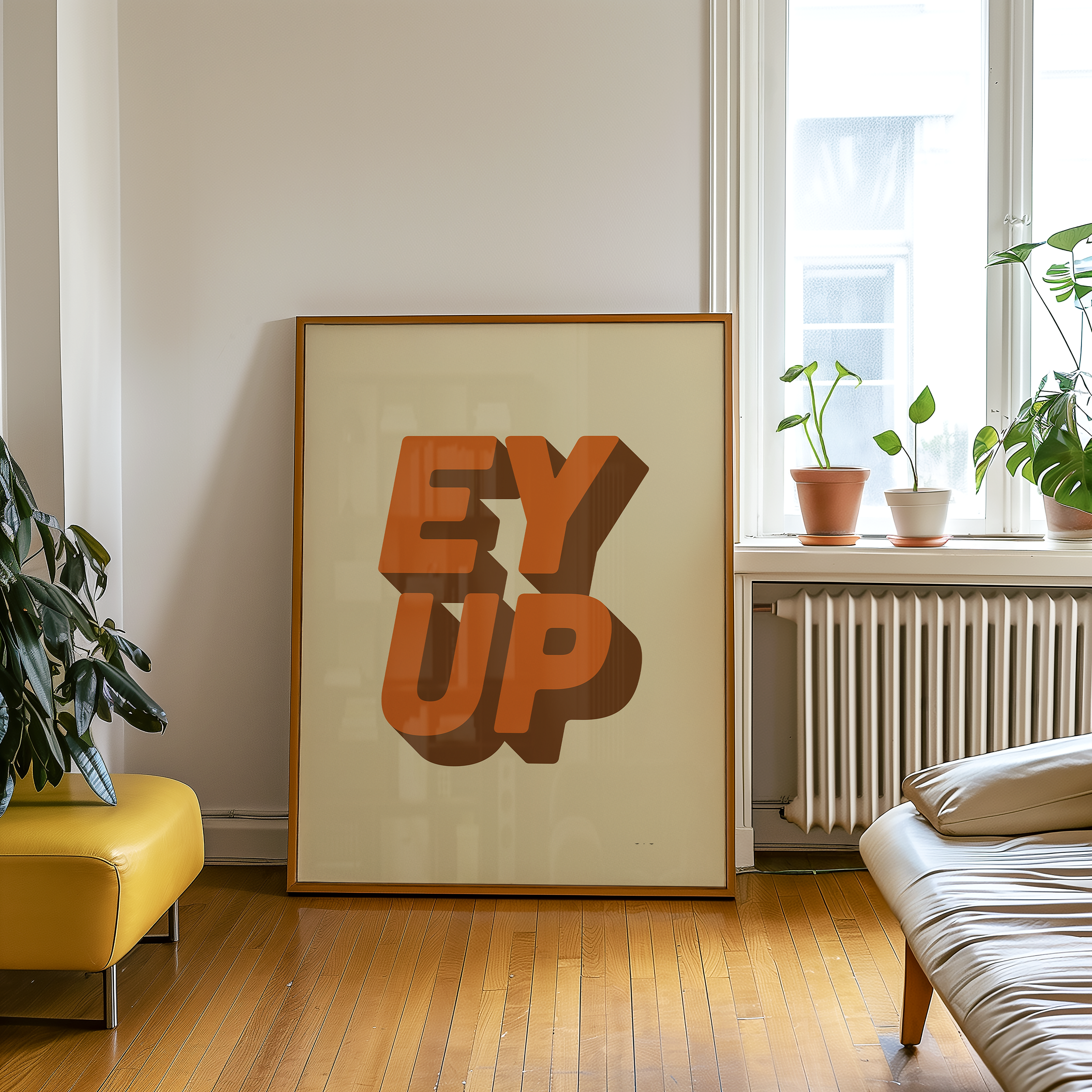 Bold quote print poster decor "Ey up". British quote. Yorkshire quote. Dopamine decor. Retro two tone font Orange and brown