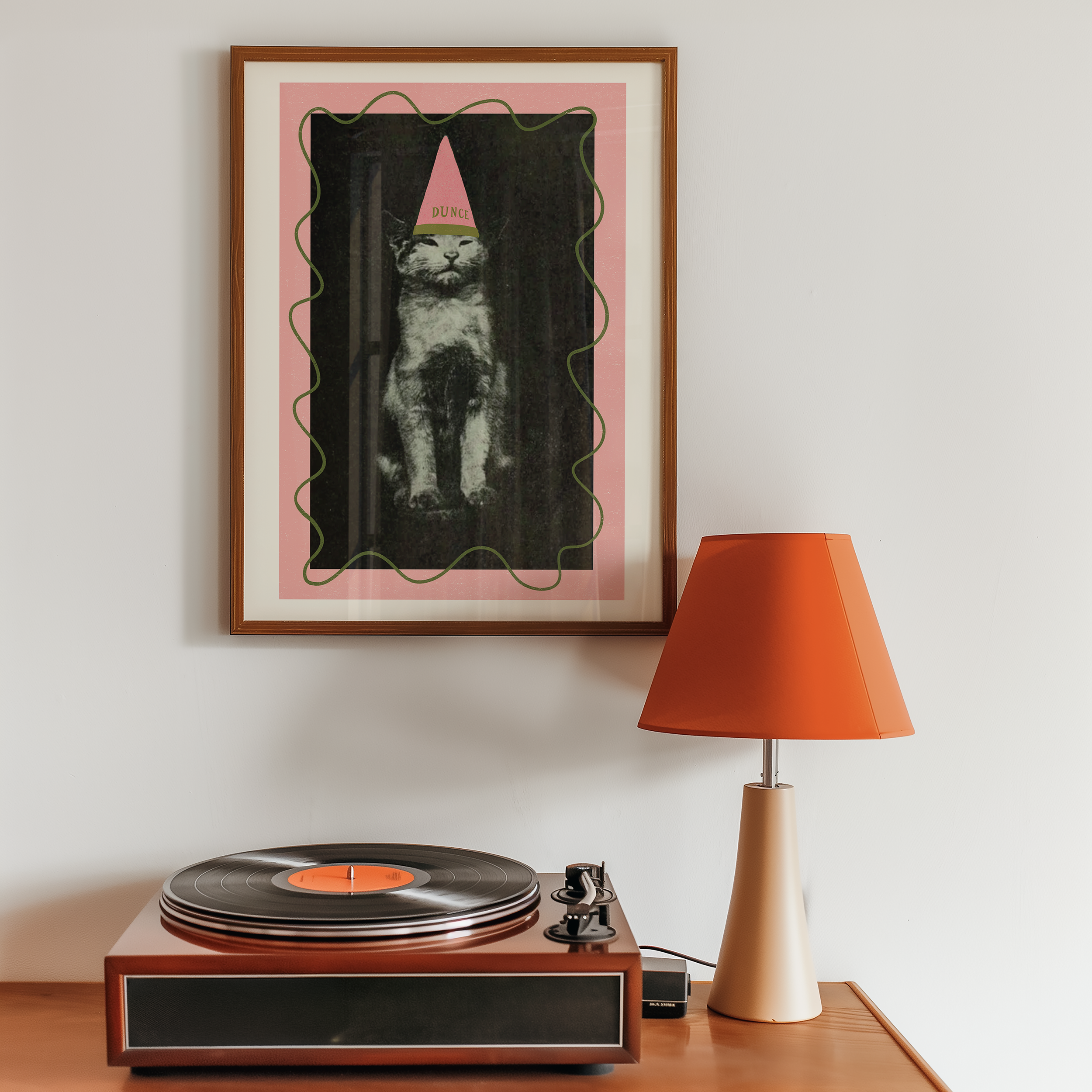 Dopamine decor poster print. Victorian photography pf cat wearing a dunce cat, enhances with modern colour elemants of pink and green