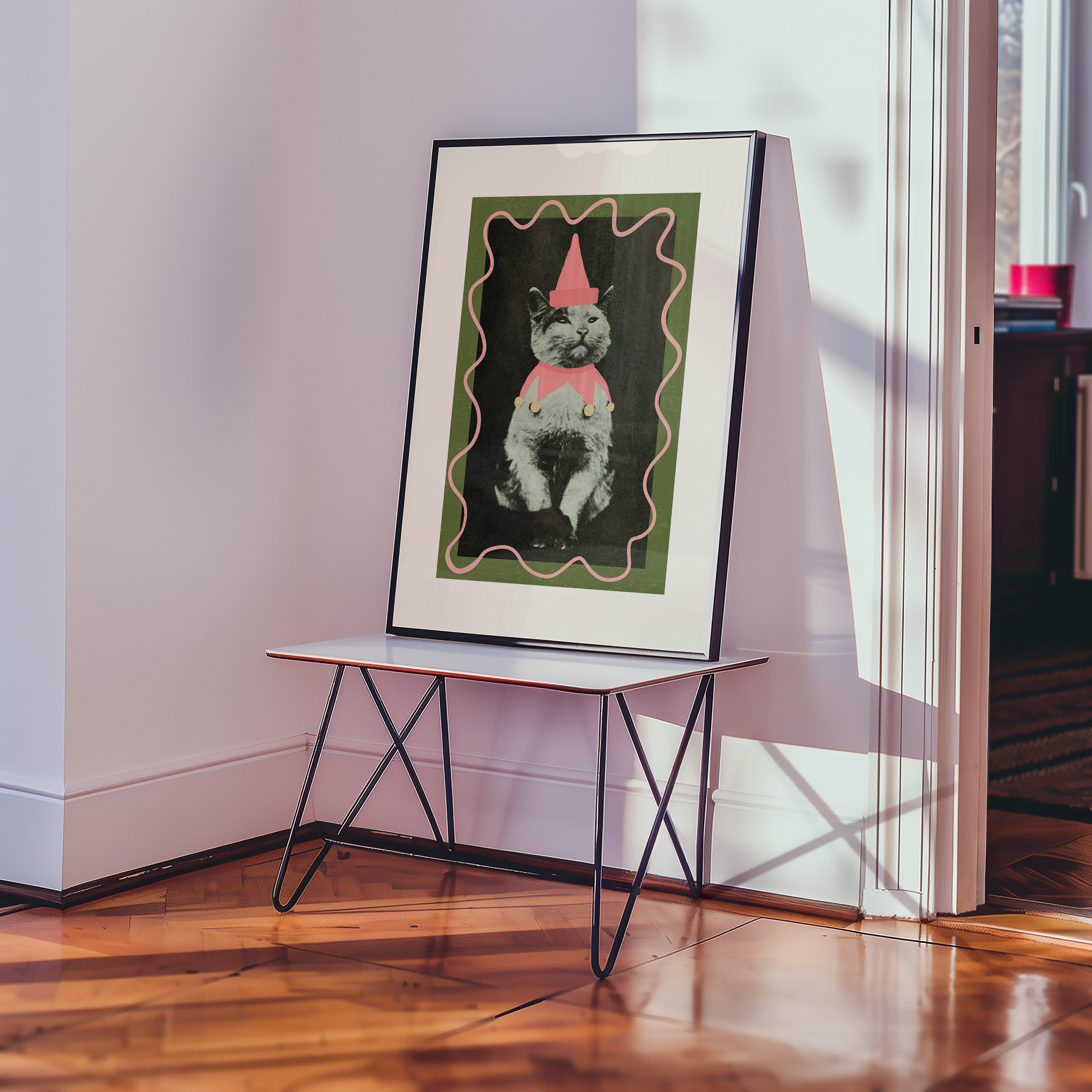 Dopamine decor poster print. Victorian photography pf cat wearing a jester costume, enhances with modern colour elements of pink and green