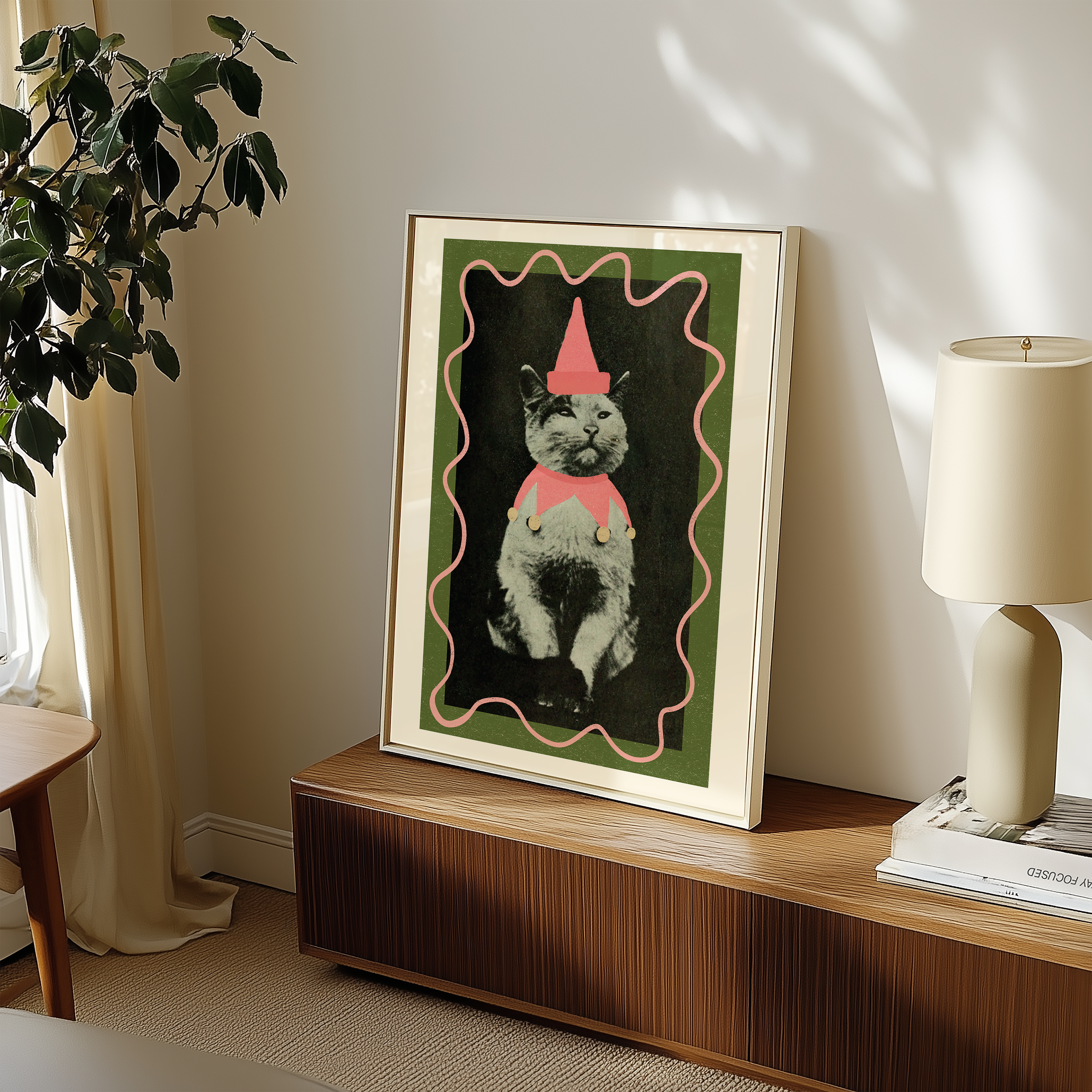 Dopamine decor poster print. Victorian photography pf cat wearing a jester costume, enhances with modern colour elements of pink and green