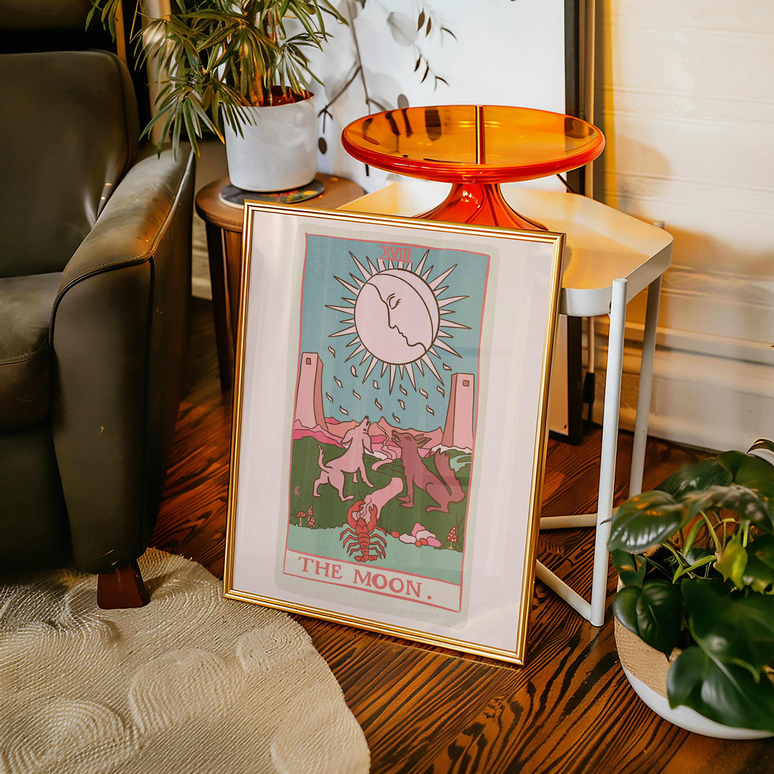 The Moon tarot card print, feminine pink witchy spiritual decor poster print.