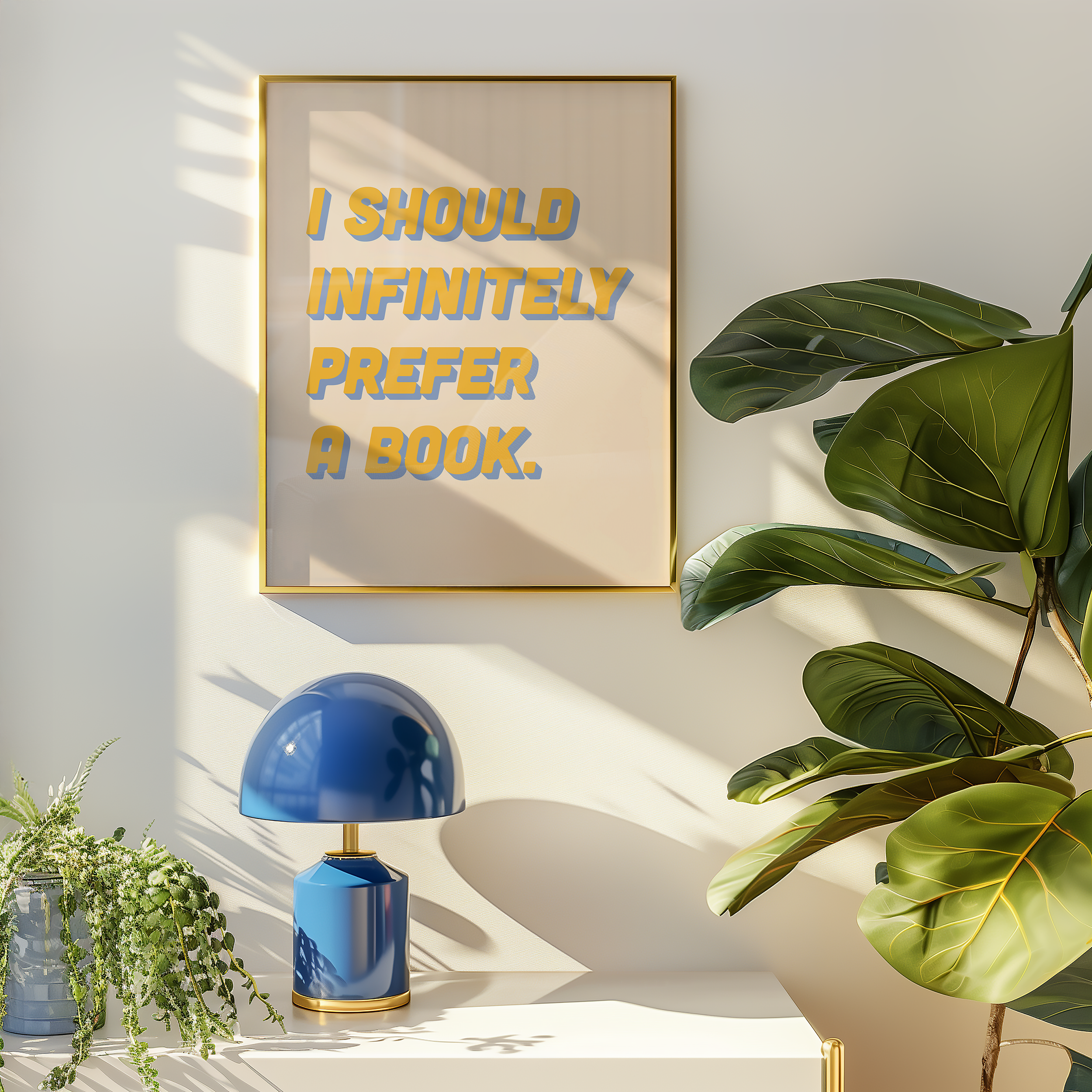 Bold dopamine decor quote print poster, “I should infinitely prefer a book.” Jane Eyre quote. retro two tone font yellow and blue