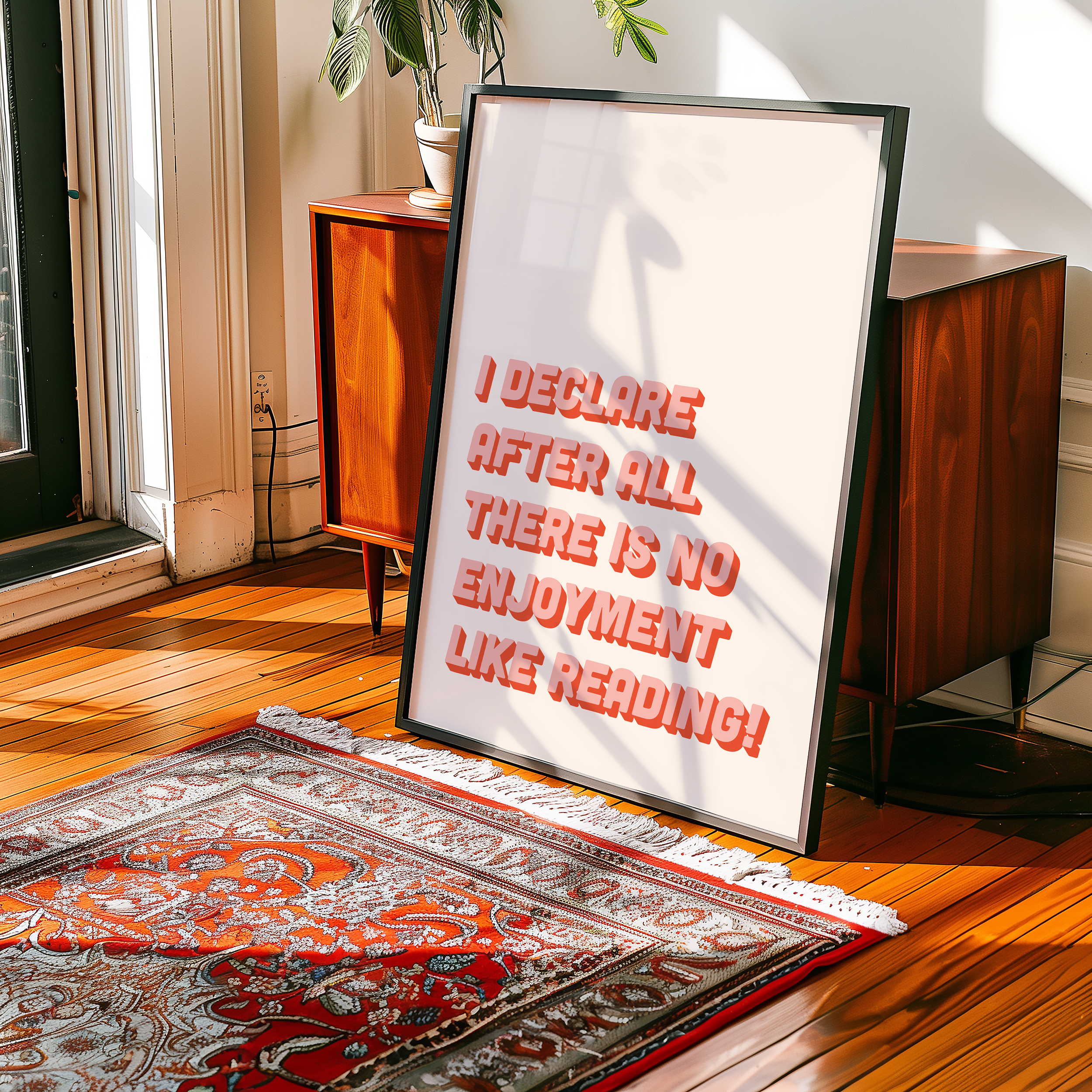 Bold Dopamine decor print poster jane eyre quote “I declare after all there is no enjoyment like reading.” in two tone retro font pink and red