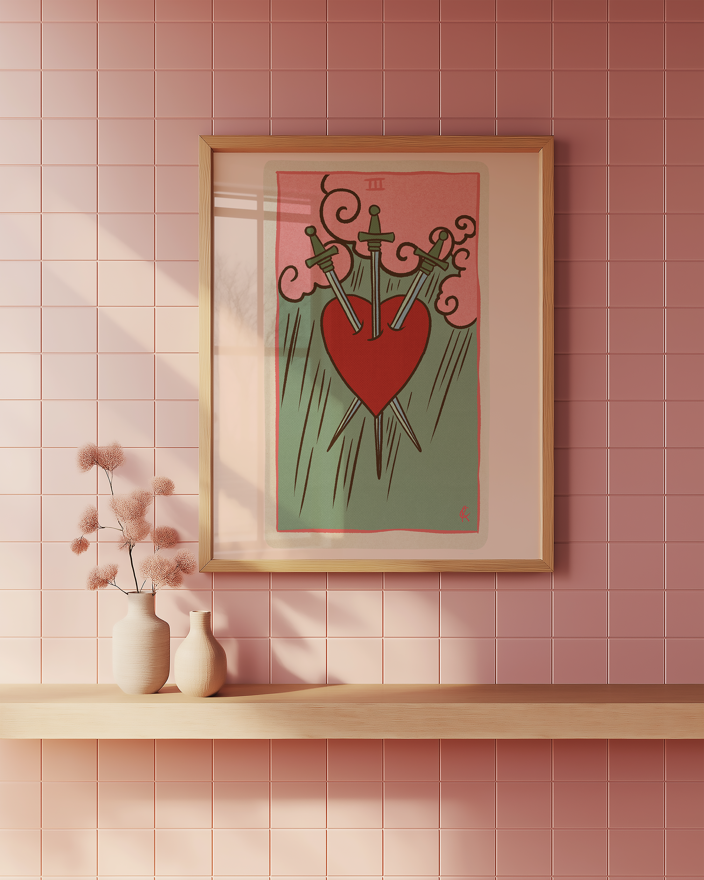 Three of Swords tarot card print, feminine pink witchy spiritual decor poster print.