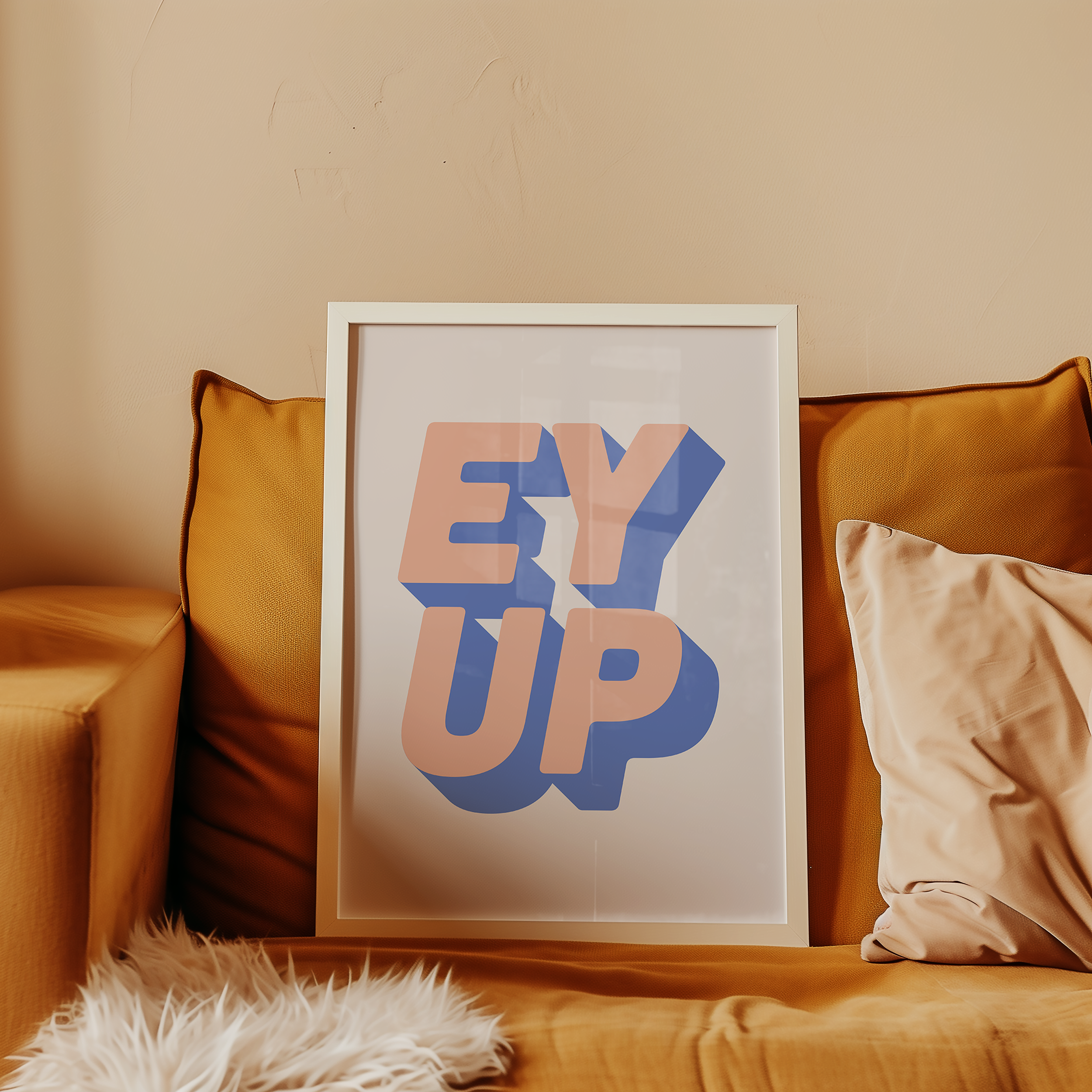 Bold quote print poster decor "Ey up". British quote. Yorkshire quote. Dopamine decor. Retro two tone font pink and blue