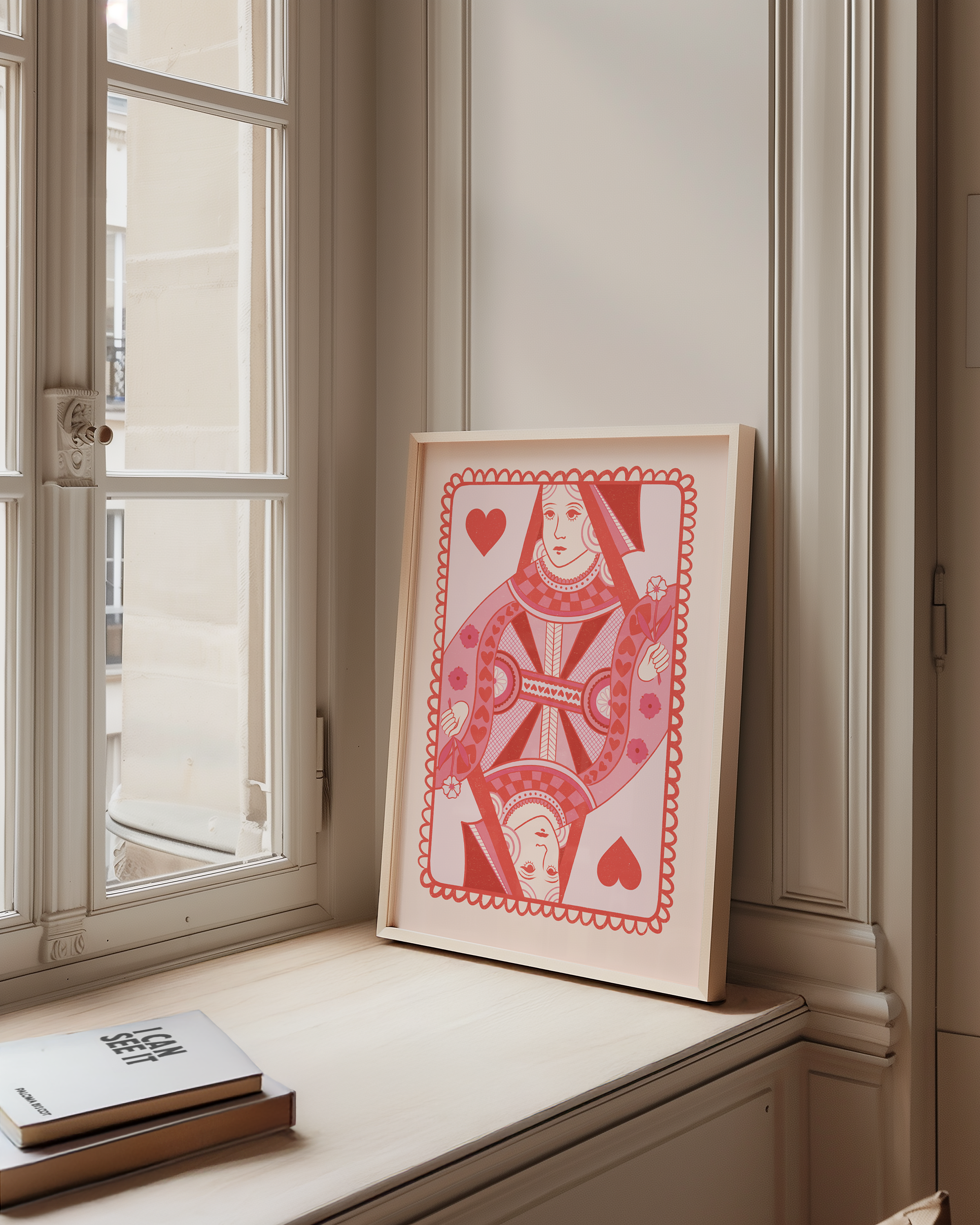 Bold dopamine decor print poster illustarion of queen of hearts card in pink. Feminine decor style. retro feel.