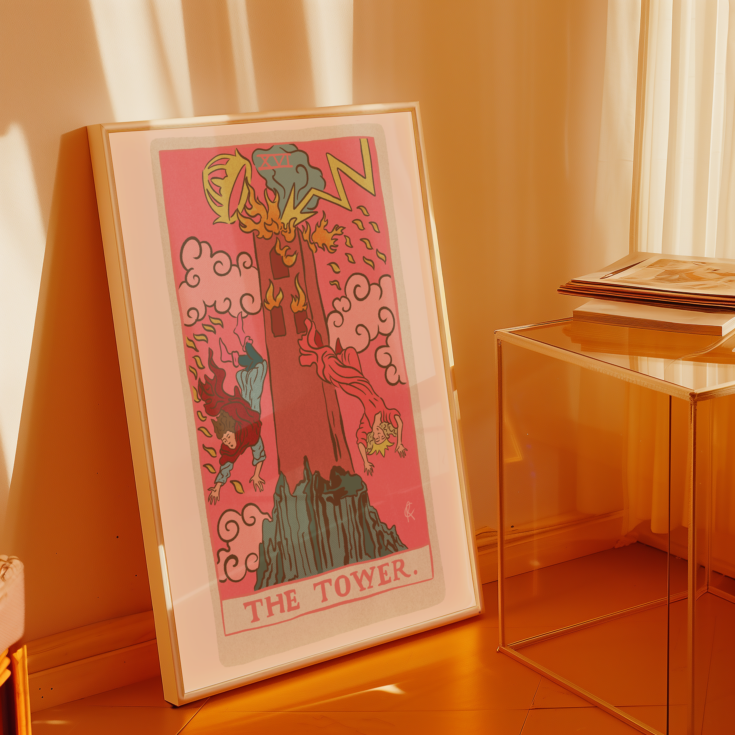 The Tower tarot card print, feminine pink witchy spiritual decor poster print.