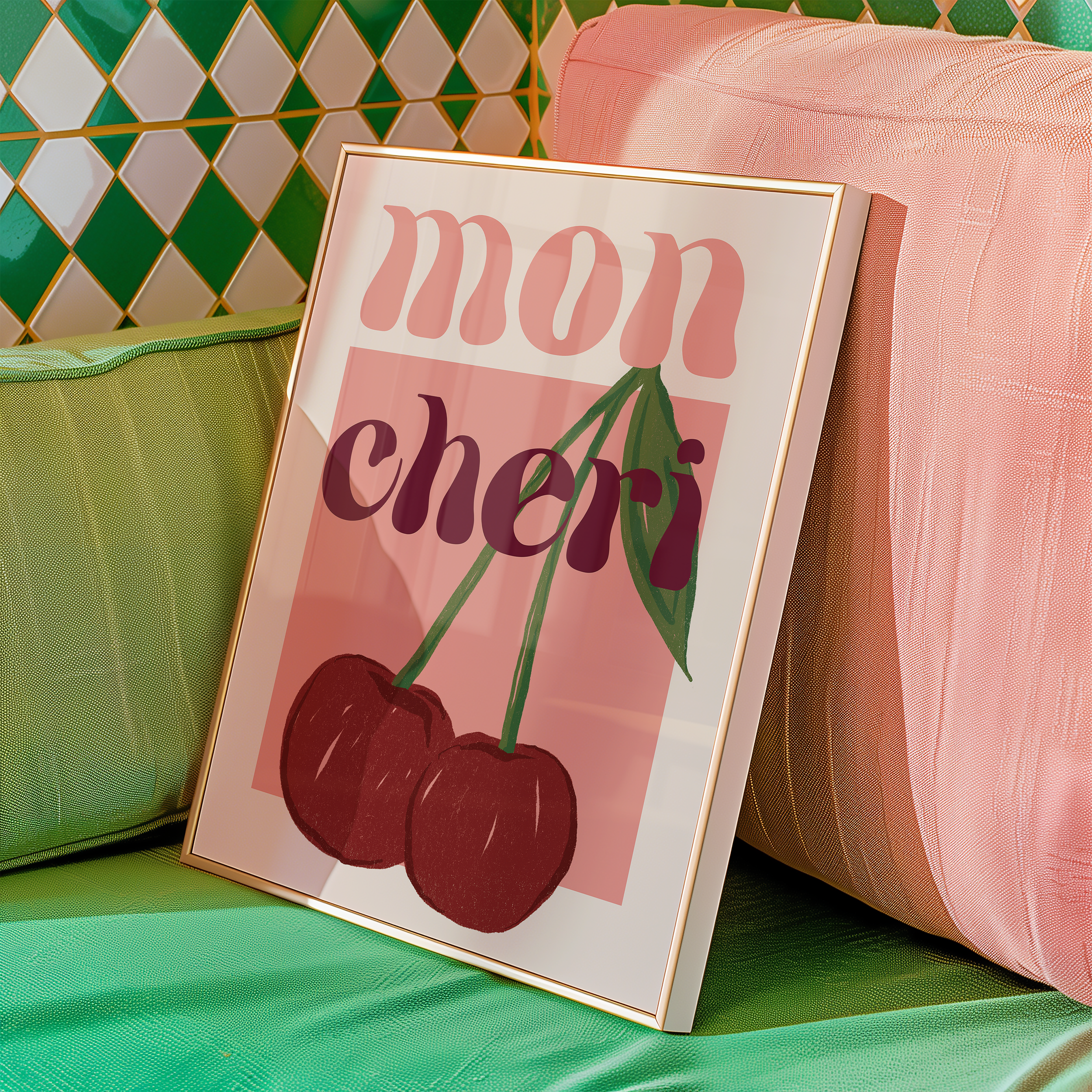Bold dopamine decor print poster illustration of cherries that says "mon cheri". Feminine decor style. retro feel.
