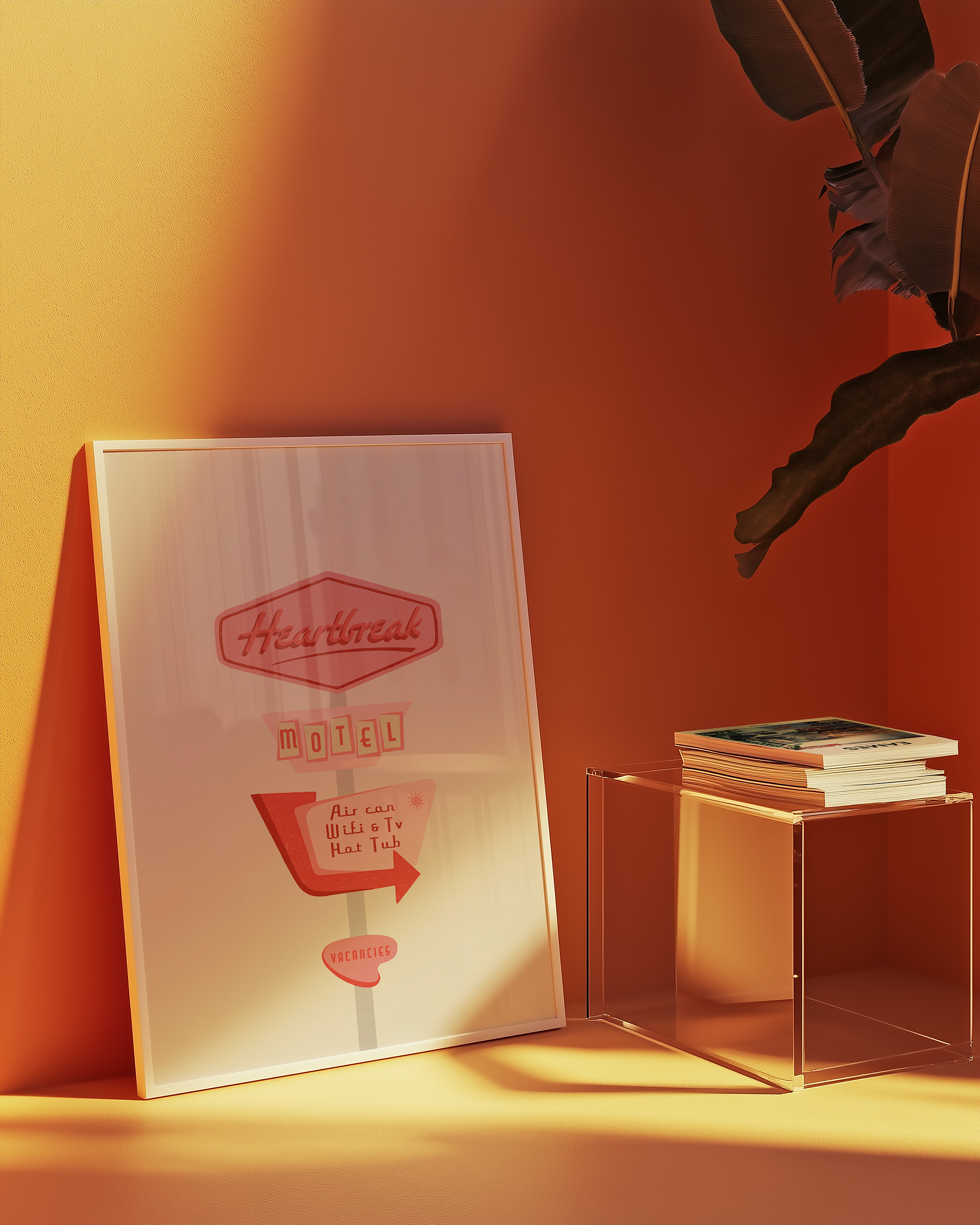 Bold dopamine decor print poster illustration of a retro motel sign in various pink tones that says "heart break motel". Feminine decor style. retro feel.
