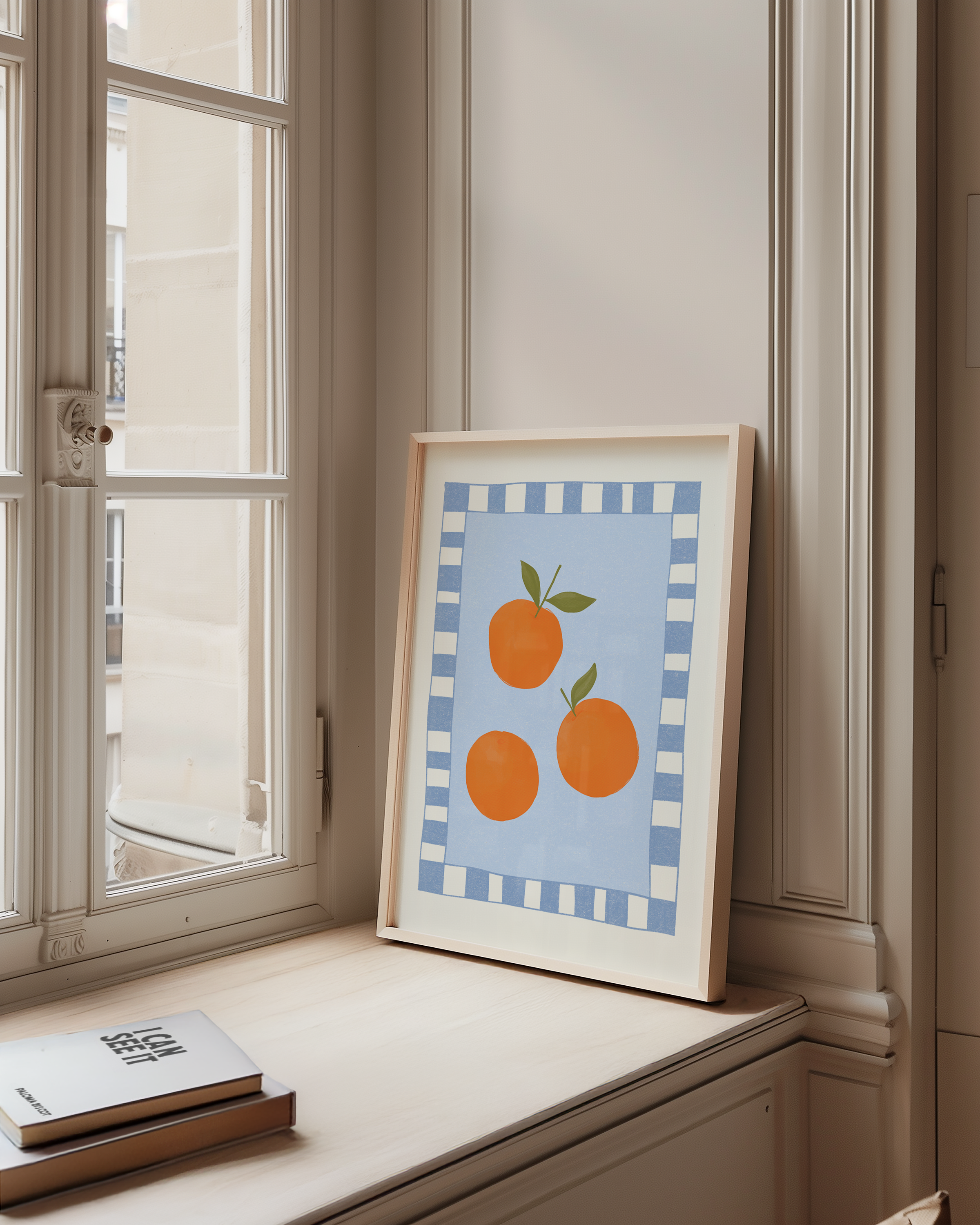 Bold dopamine decor print poster of oranges. kitchen poster. Orange and blue. Mediterranean fee