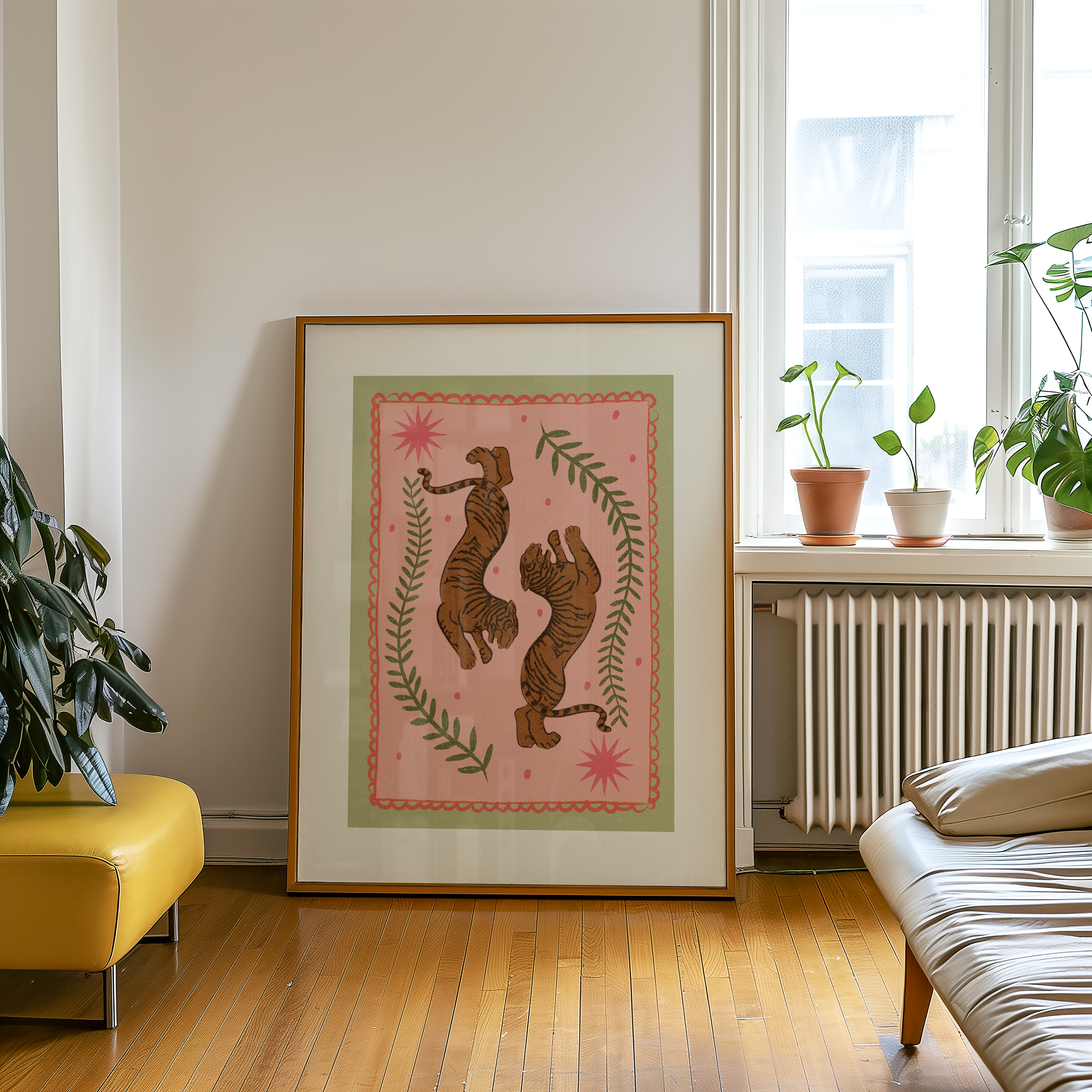 Bold dopamine decor print poster illustration of tigers. Retro style decor. midcentury modern