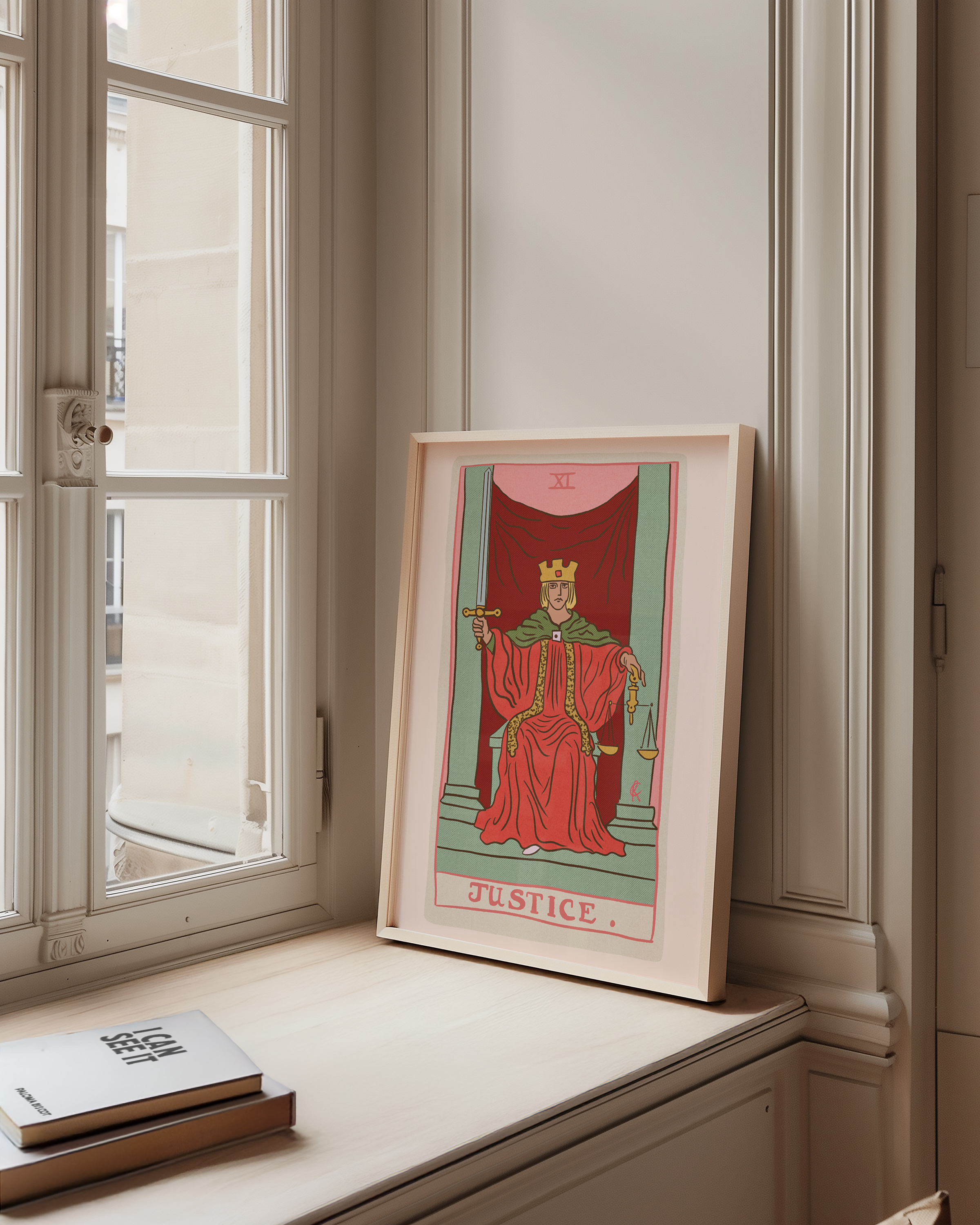 Justice tarot card print, feminine pink witchy spiritual decor poster print.
