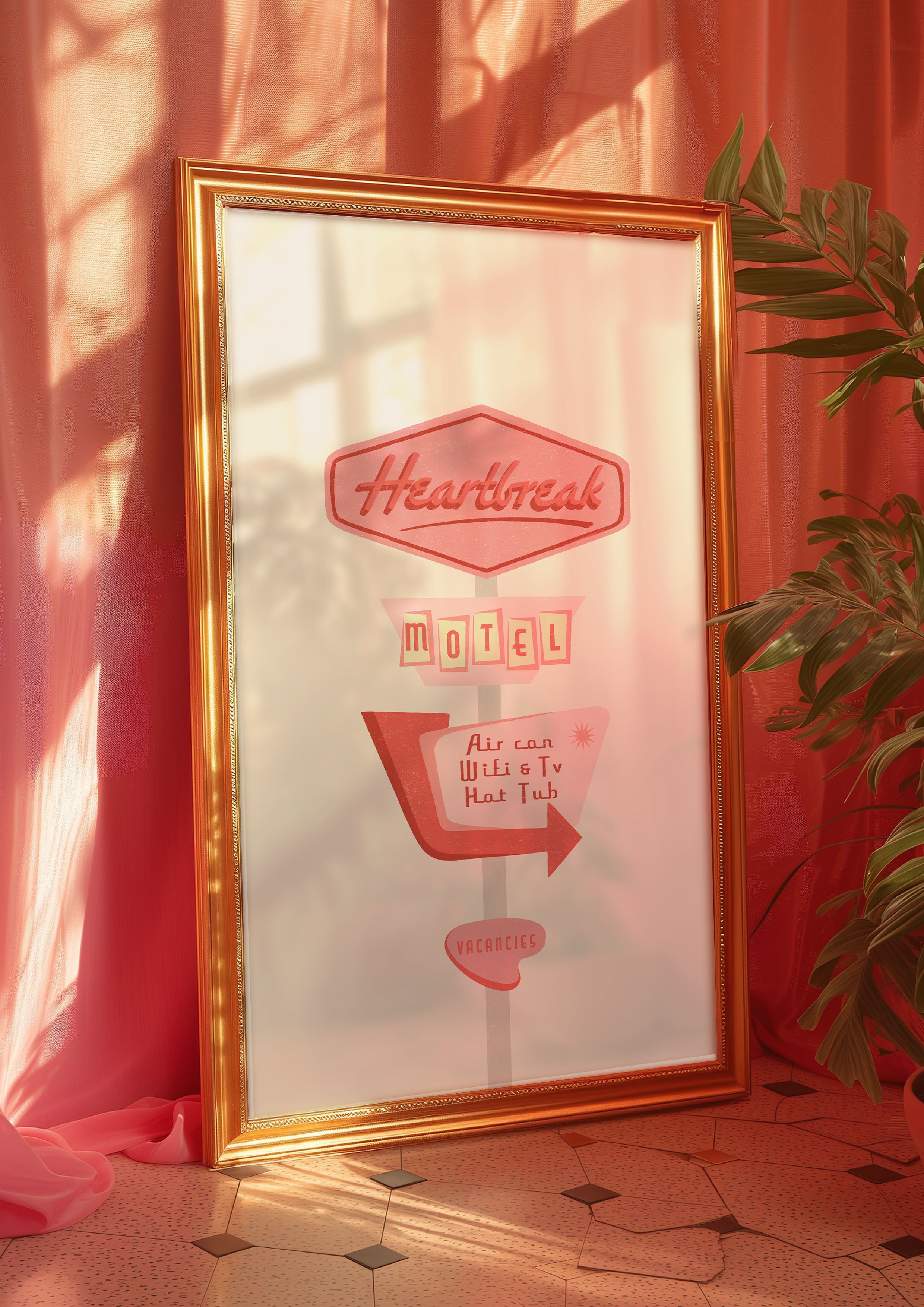 Bold dopamine decor print poster illustration of a retro motel sign in various pink tones that says "heart break motel". Feminine decor style. retro feel.