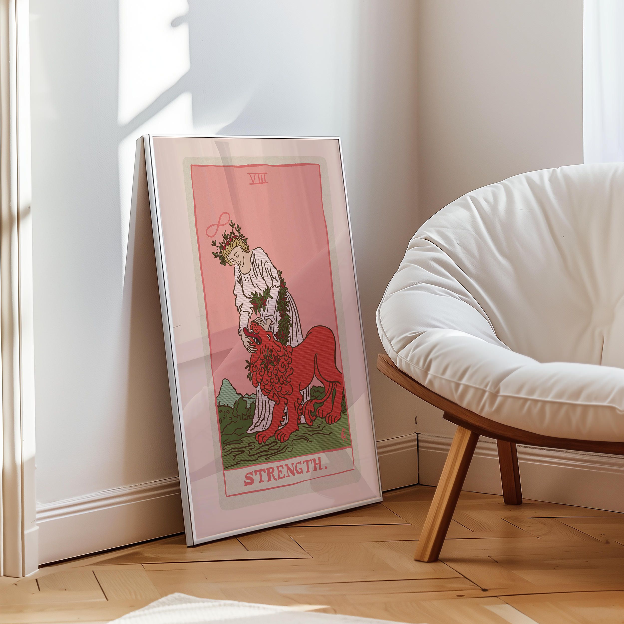 Strength tarot card print, feminine pink witchy spiritual decor poster print.