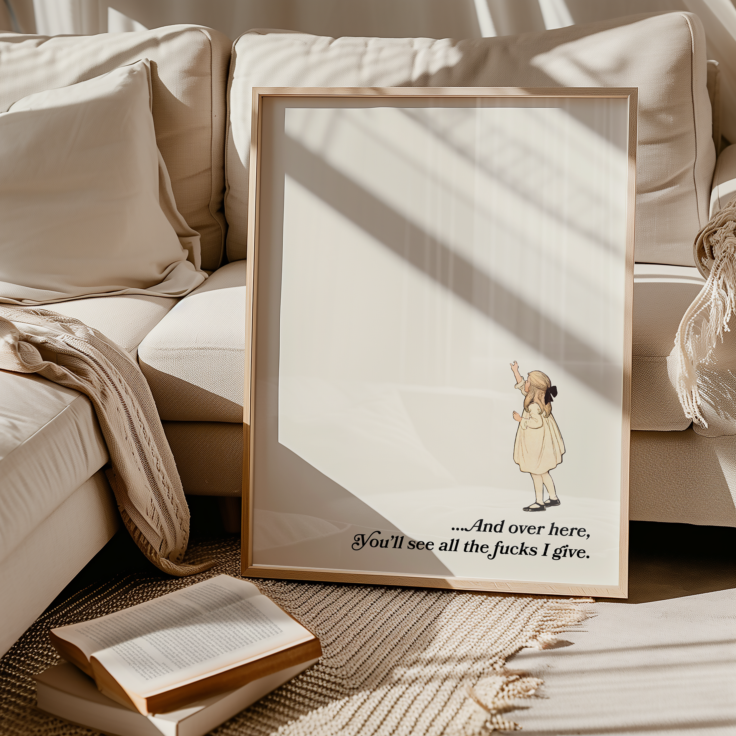 funny sarcastic print poster. Vintage girl pointing to open blank space and saying "And over hear you'll see all the fucks i give"