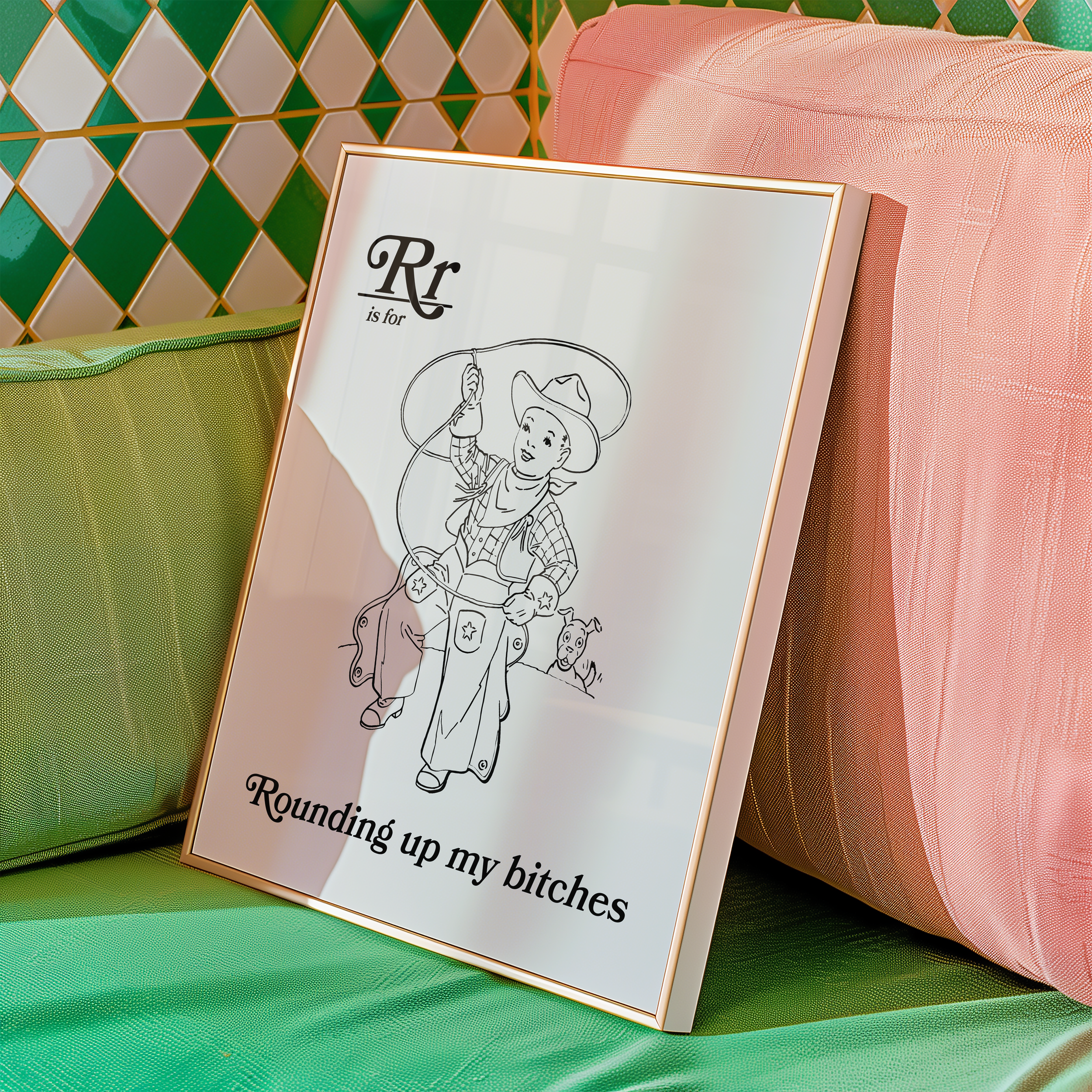 Dopamine decor poster print of retro style alphabet poster for the letter R or a childrens illuration cowboy with a lasso that say "R is for Rounding up my bitches." Adult humour print.