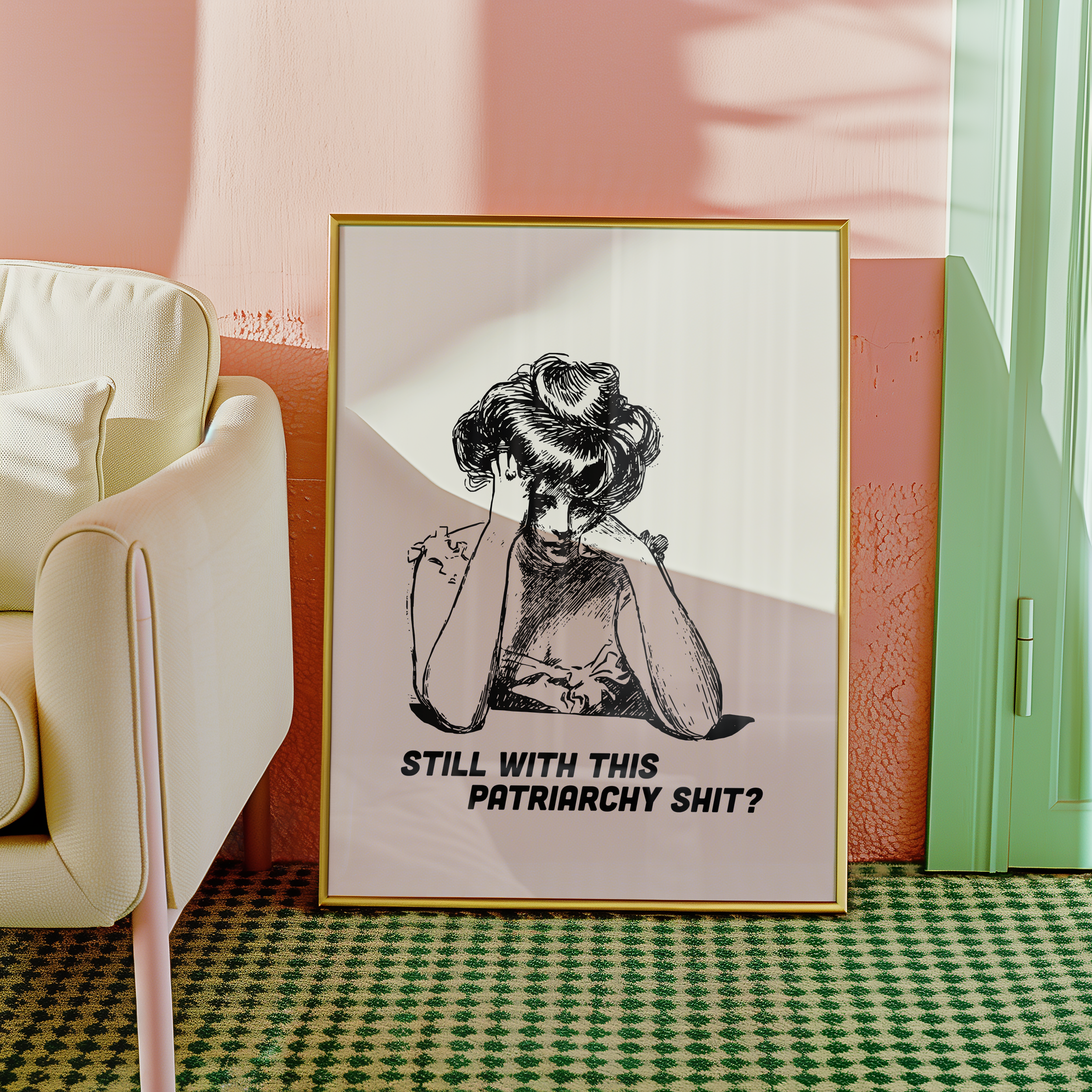 Black and White print of a bored looking Edwardian woman that says "Still with this Patriarchy shit?" Funny feminist print. Witty sassy dopamine decor poster.
