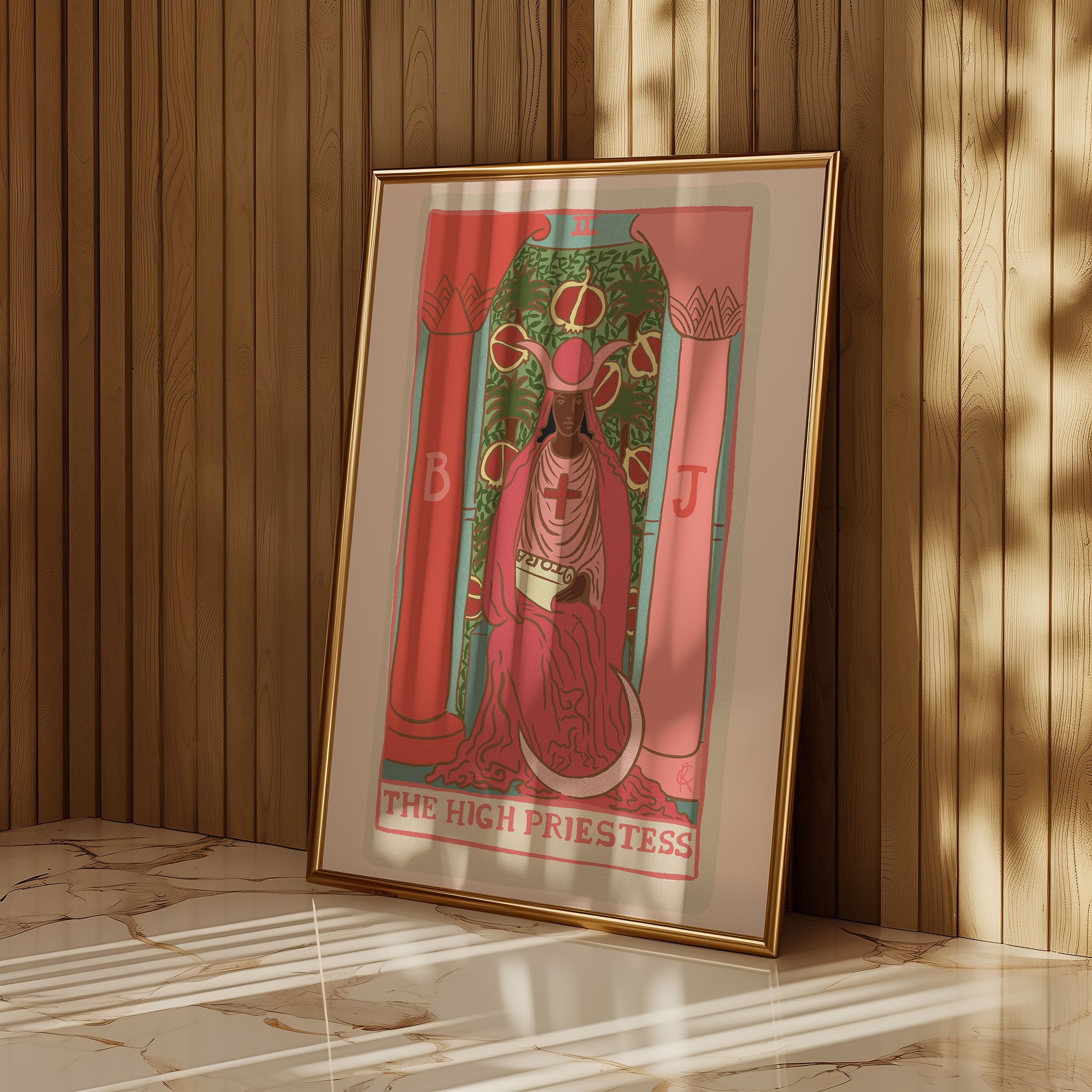 The High Priestess tarot card print, feminine pink witchy spiritual decor poster print.