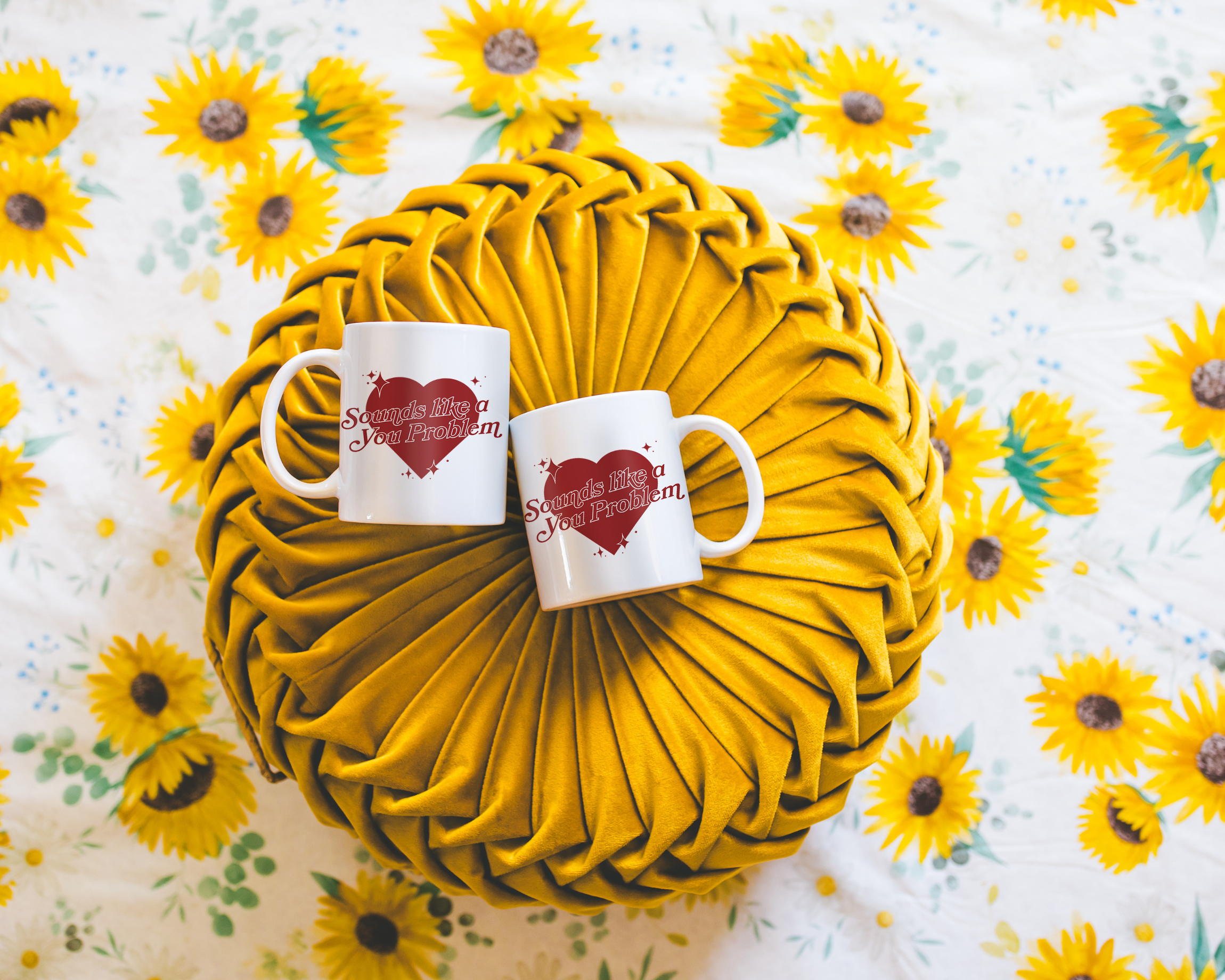 Sassy dopamine decor White coffee mug that says "Sounds like a you problem" in a retro vintage style heart that's red with a retro font.. Available in 11oz and 15oz
